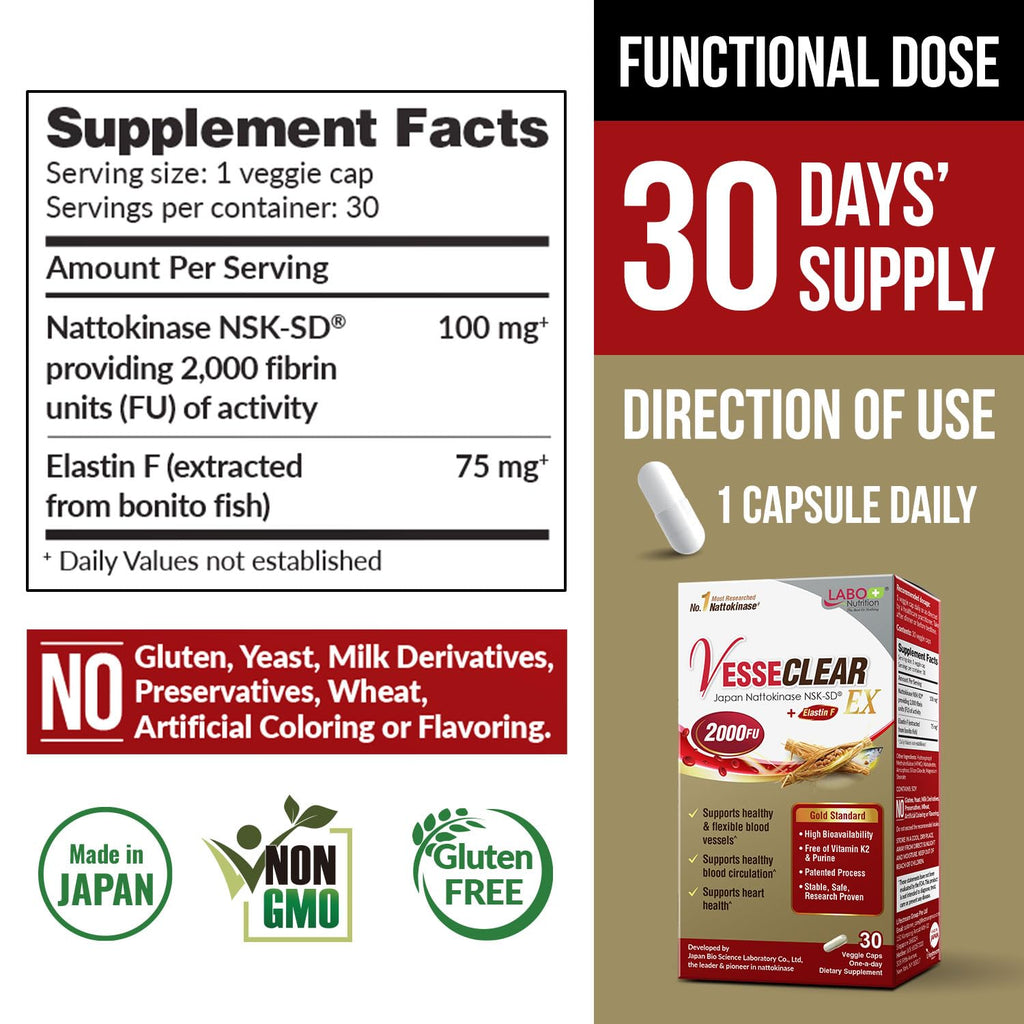 LABO Nutrition VesseCLEAR EX: Nattokinase NSK-SD + Elastin F for Clean & Flexible Blood Vessels — 90 Capsules