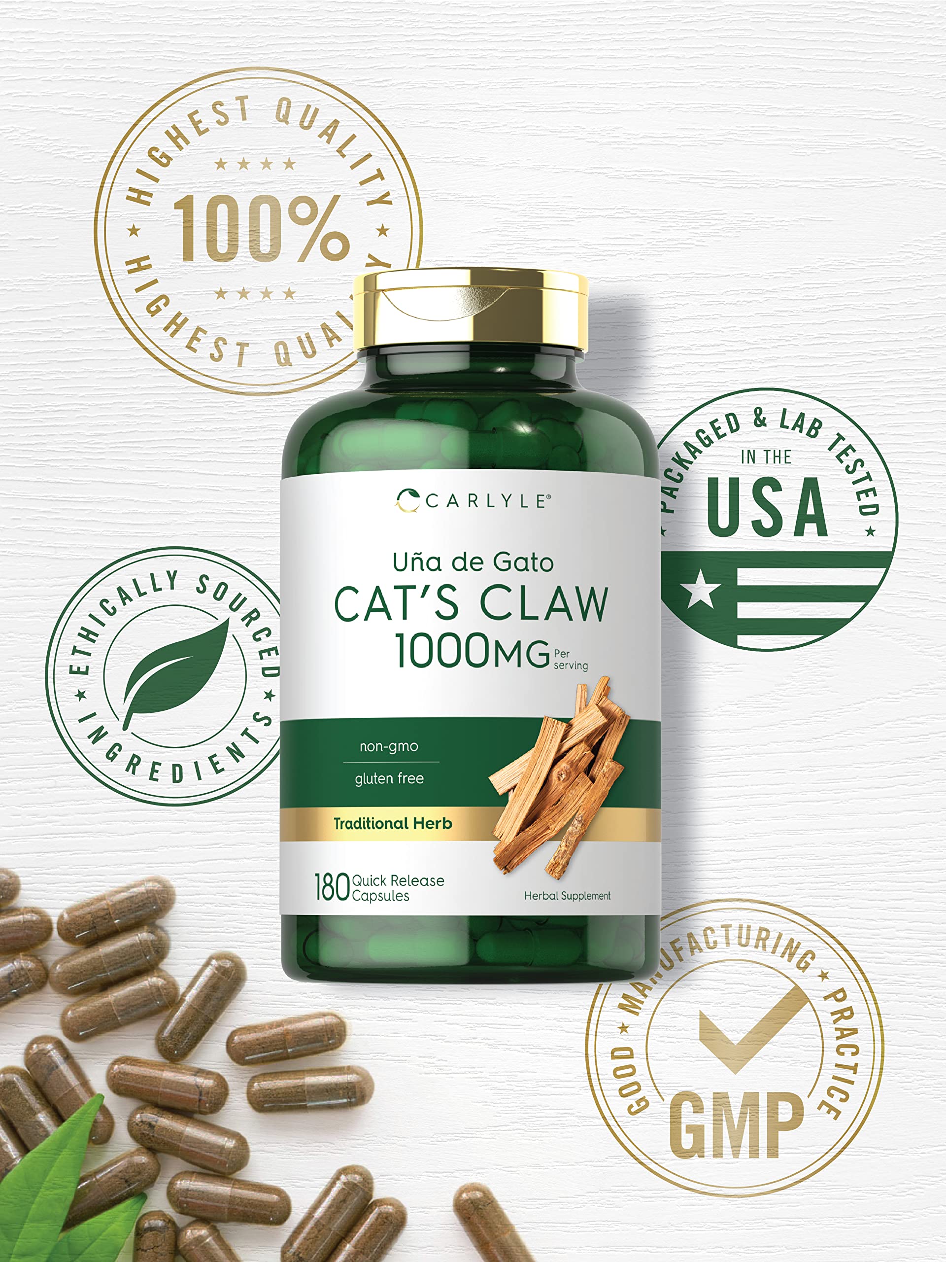Carlyle Cat's Claw 1000mg Capsules - 180 Count | Uncaria Tomentosa | Non-GMO, Gluten Free