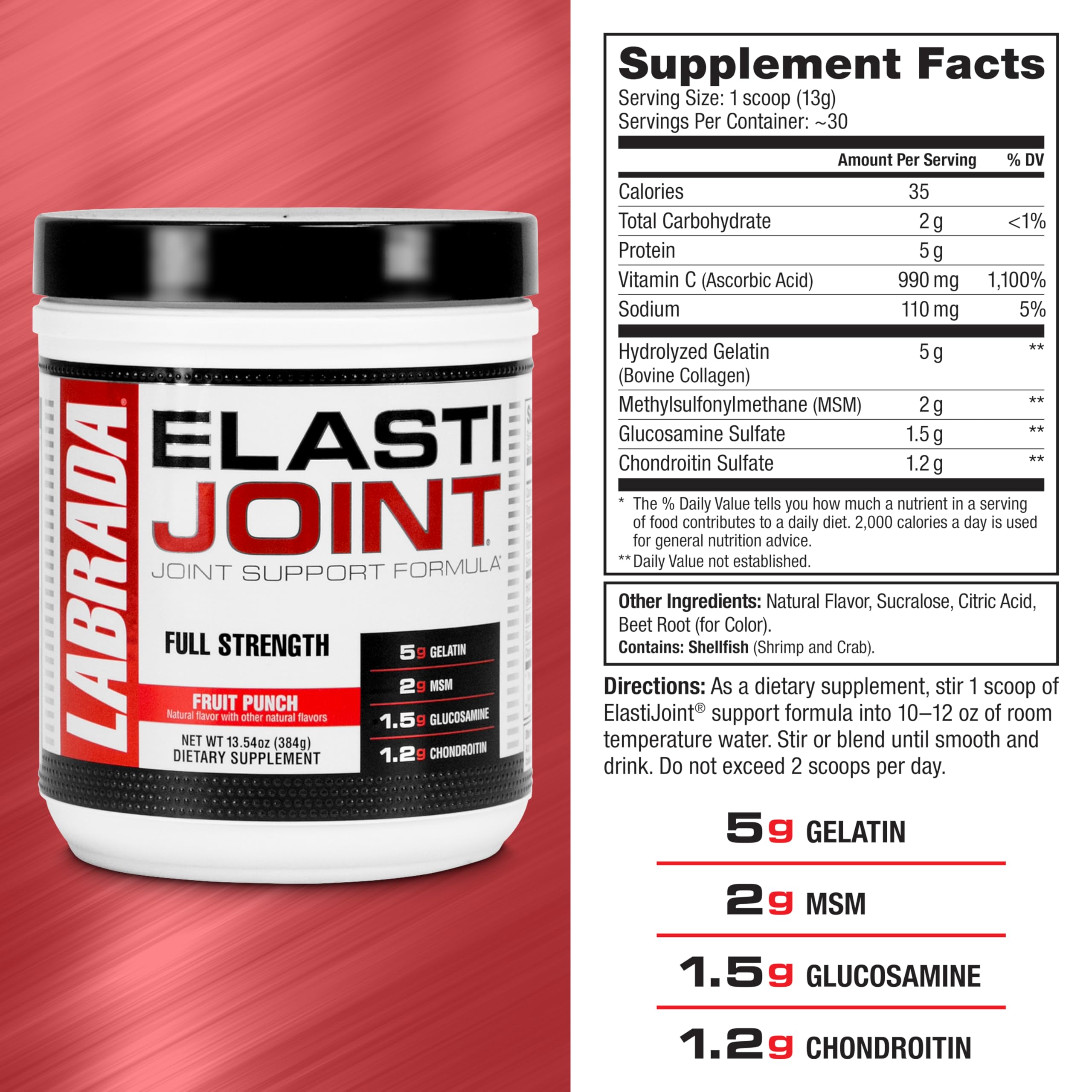 Labrada Elastijoint Fruit Punch – Glucosamine Joint Support Powder (Gluten-Free)