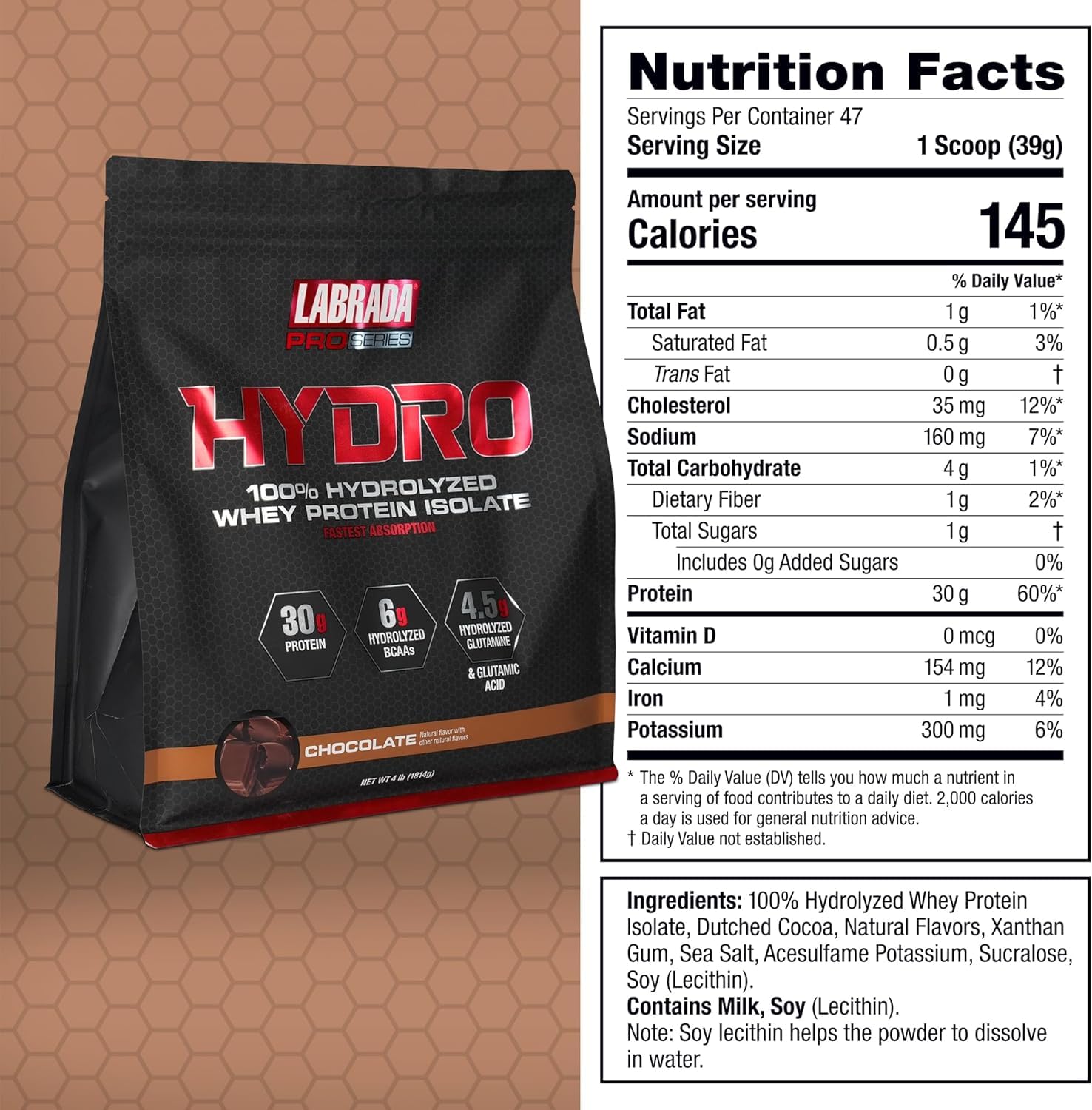 LABRADA Hydro 100% Pure Hydrolyzed Whey Protein Isolate Powder – Lactose Free, Gluten Free, Chocolate, 47 Servings, 4 lb