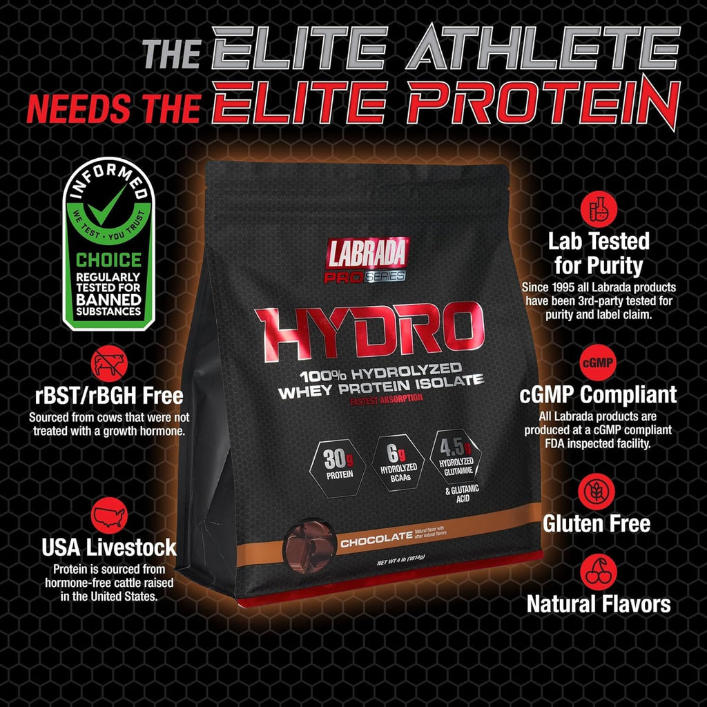 LABRADA Hydro 100% Pure Hydrolyzed Whey Protein Isolate Powder – Lactose Free, Gluten Free, Chocolate, 47 Servings, 4 lb