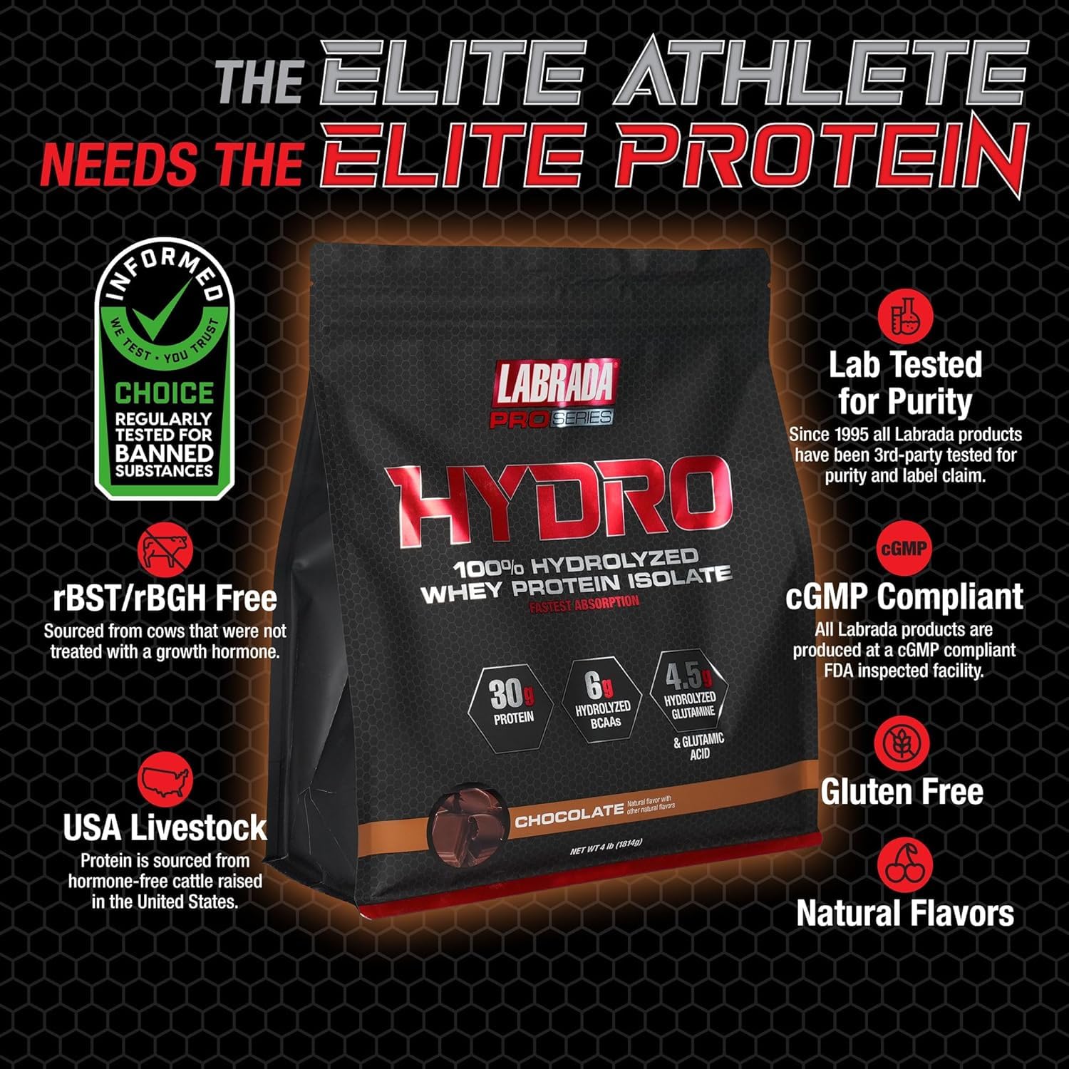 LABRADA Hydro 100% Pure Hydrolyzed Whey Protein Isolate Powder – Lactose Free, Gluten Free, Chocolate, 47 Servings, 4 lb