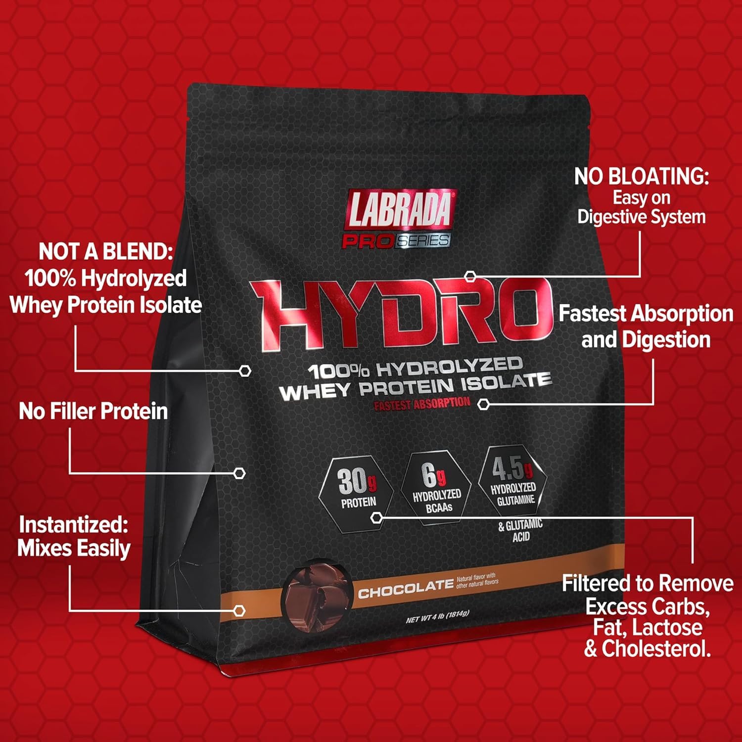 LABRADA Hydro 100% Pure Hydrolyzed Whey Protein Isolate Powder – Lactose Free, Gluten Free, Chocolate, 47 Servings, 4 lb