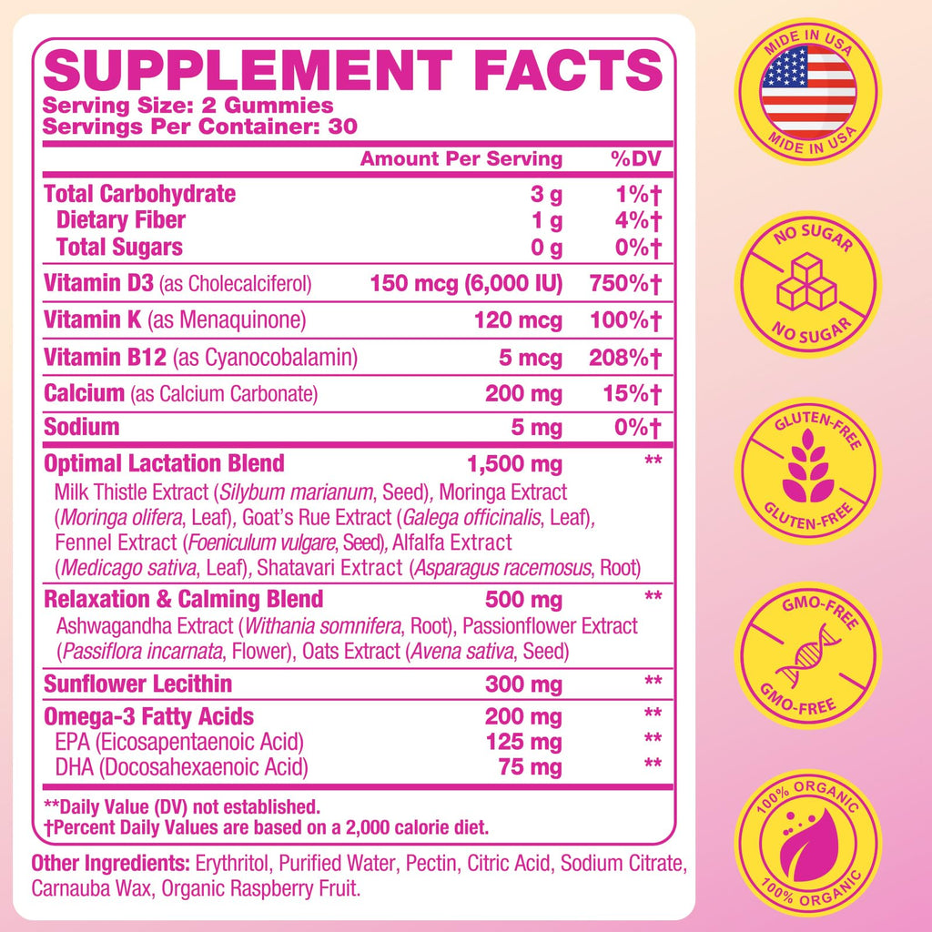Lactation Gummies - Postpartum Support, Milk Thistle, Ashwagandha & Omega-3 | Sugar Free, Vegan, 60 Count