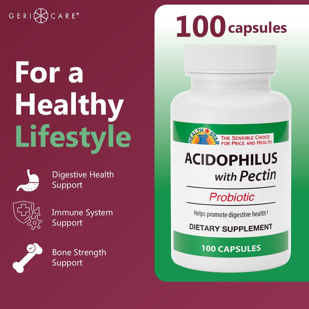GeriCare Acidophilus with Pectin Probiotic Capsules – Digestive Health, Immunity & Bone Support | 100 Count