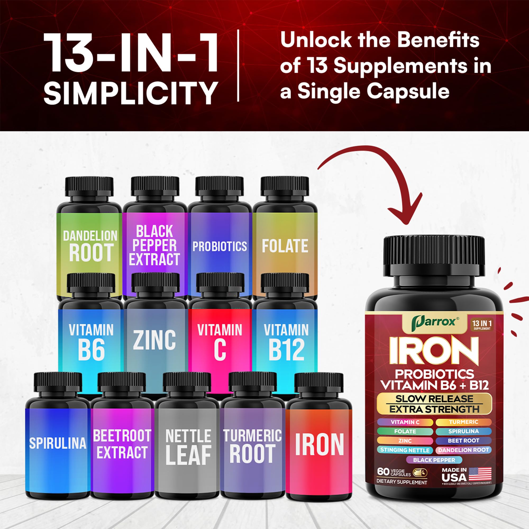 Parrox Elemental Iron 13-in-1 – Slow-Release Iron, Probiotics, B Vitamins, Beetroot & Turmeric (3-Pack, 60 Capsules)