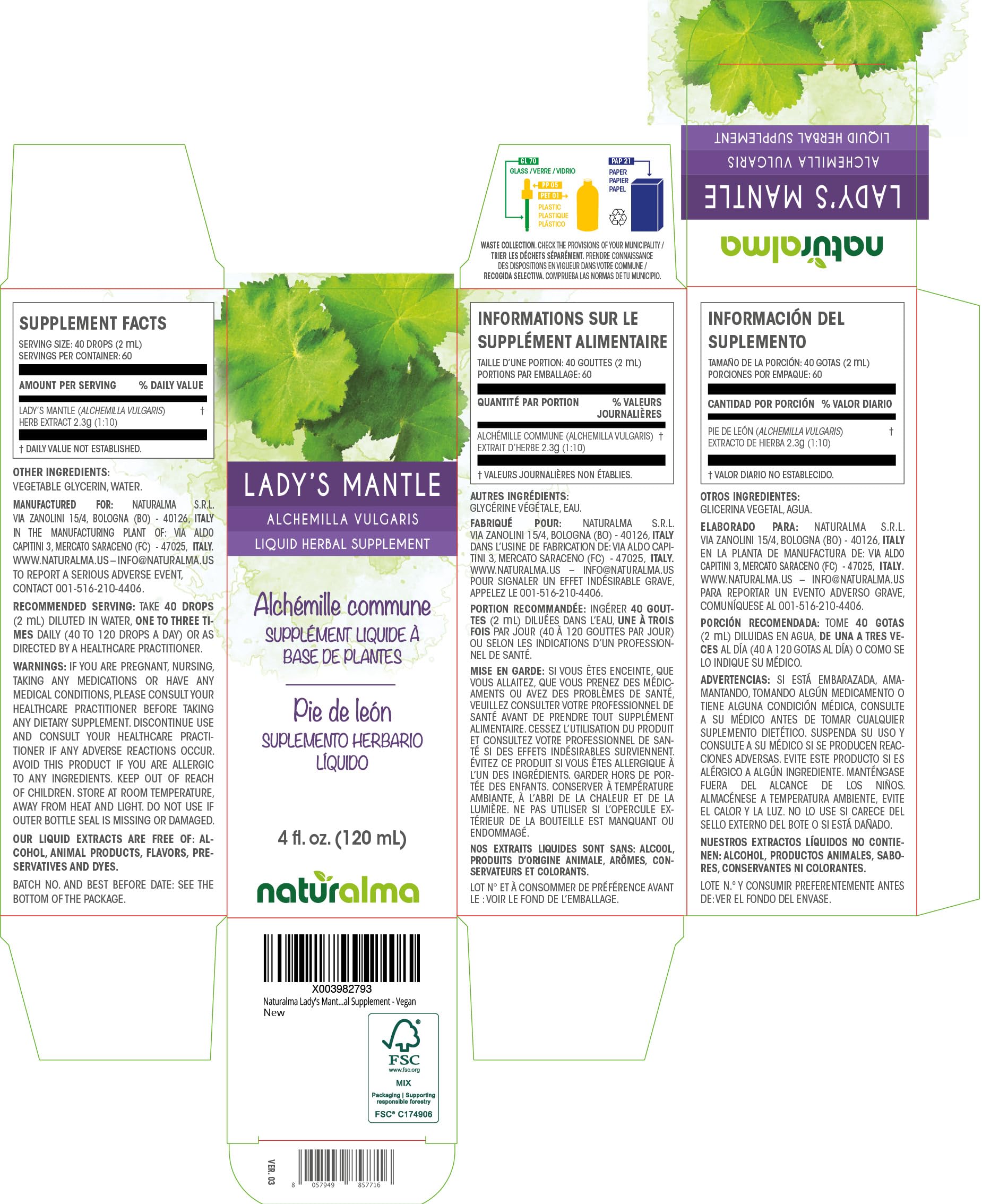 Naturalma Lady's Mantle Tincture 4oz – Alcohol-Free, Vegan, Made in Italy