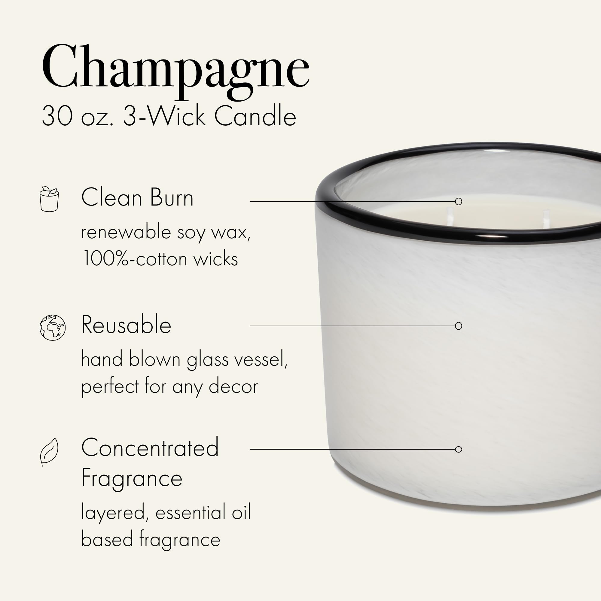 LAFCO New York Champagne 3-Wick Candle – 30 oz, 120-Hour Burn Time, Reusable Hand-Blown Glass Vessel | Made in USA