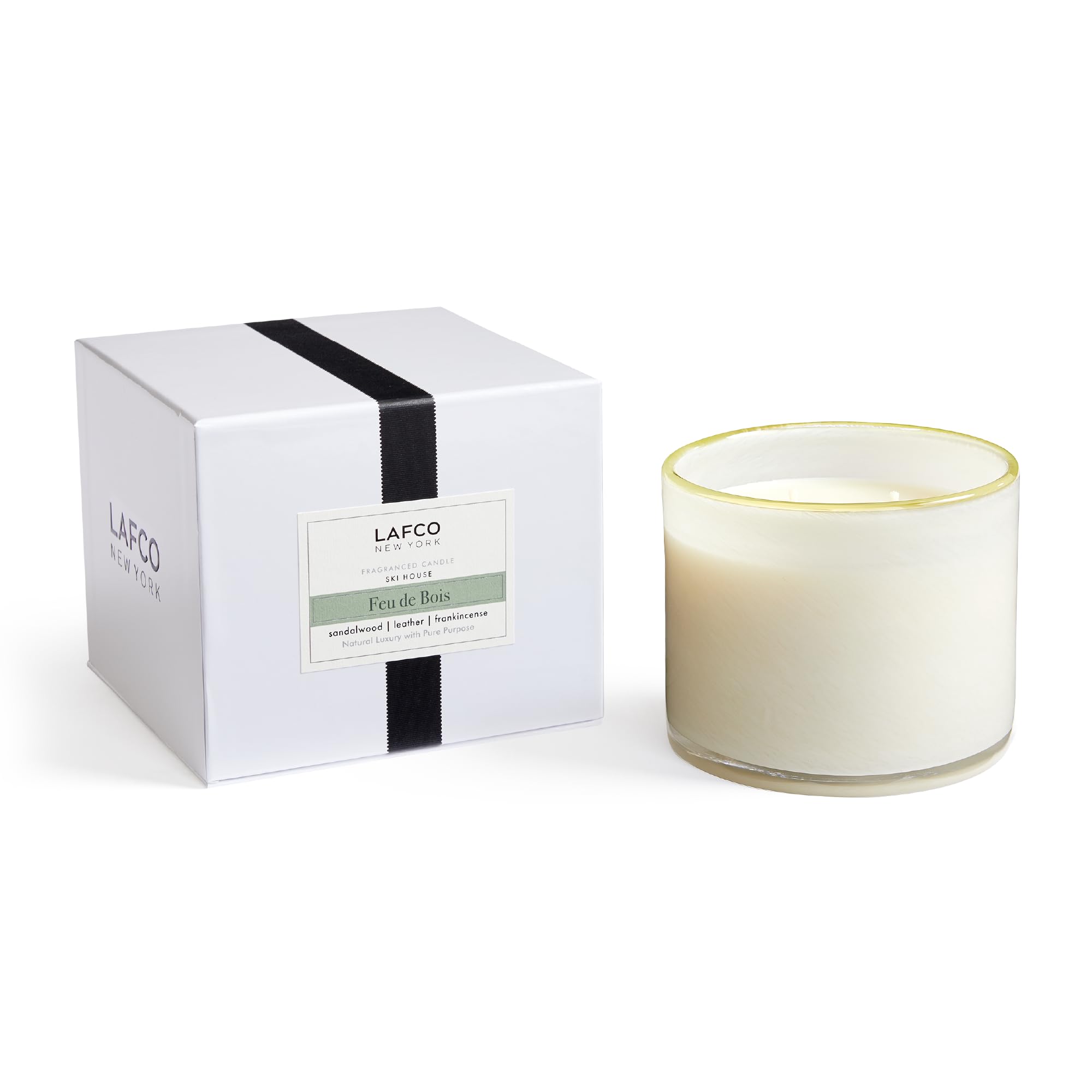LAFCO New York 3-Wick Feu de Bois Candle – 30 oz, 120-Hour Burn Time, Reusable Hand-Blown Glass Vessel