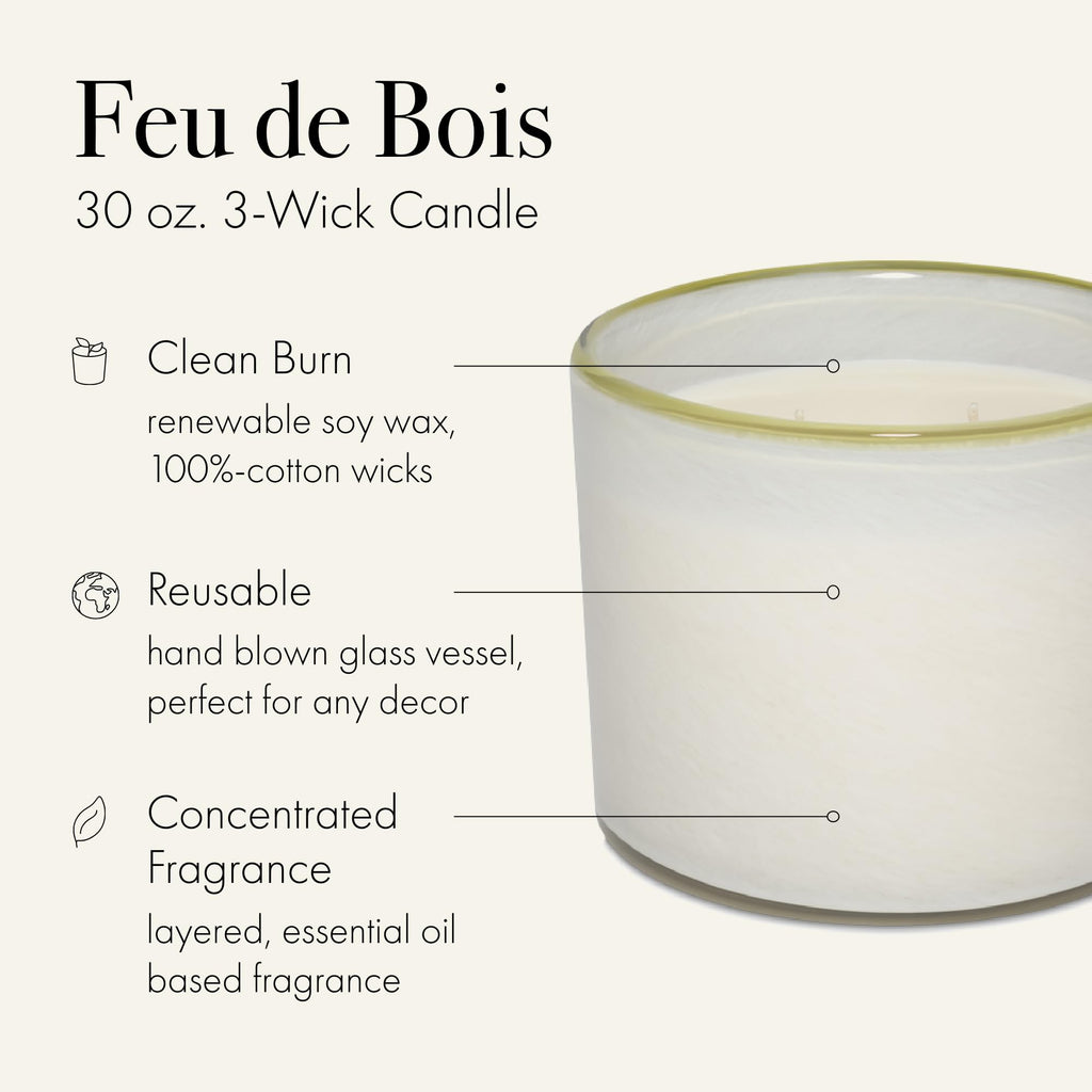 LAFCO New York 3-Wick Feu de Bois Candle – 30 oz, 120-Hour Burn Time, Reusable Hand-Blown Glass Vessel