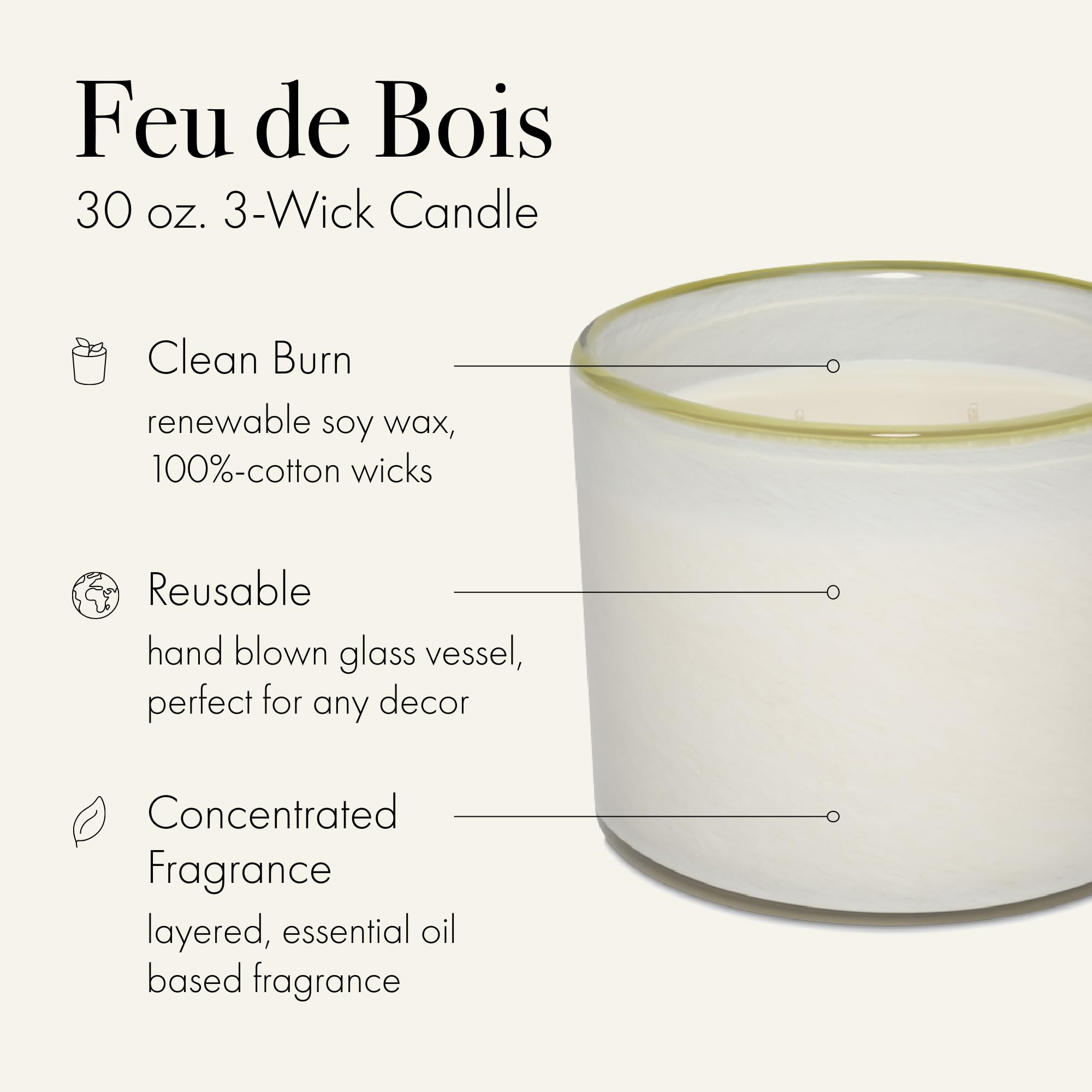 LAFCO New York 3-Wick Feu de Bois Candle – 30 oz, 120-Hour Burn Time, Reusable Hand-Blown Glass Vessel