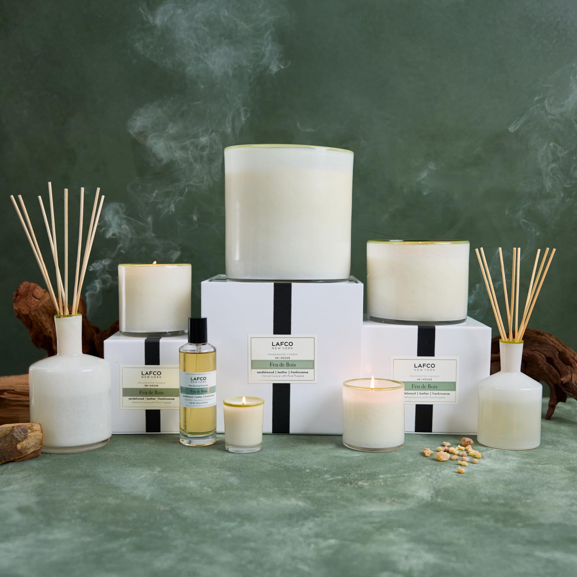 LAFCO New York 3-Wick Feu de Bois Candle – 30 oz, 120-Hour Burn Time, Reusable Hand-Blown Glass Vessel