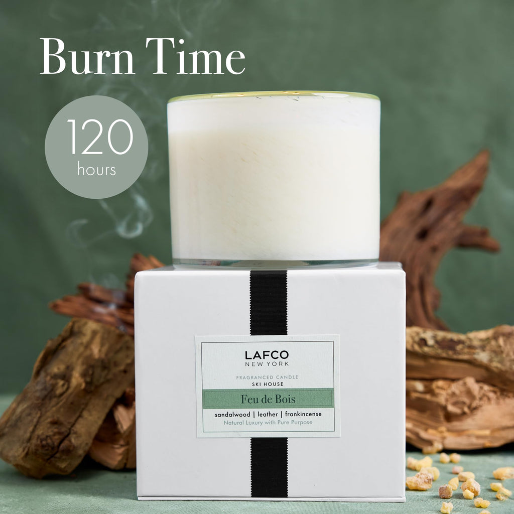 LAFCO New York 3-Wick Feu de Bois Candle – 30 oz, 120-Hour Burn Time, Reusable Hand-Blown Glass Vessel