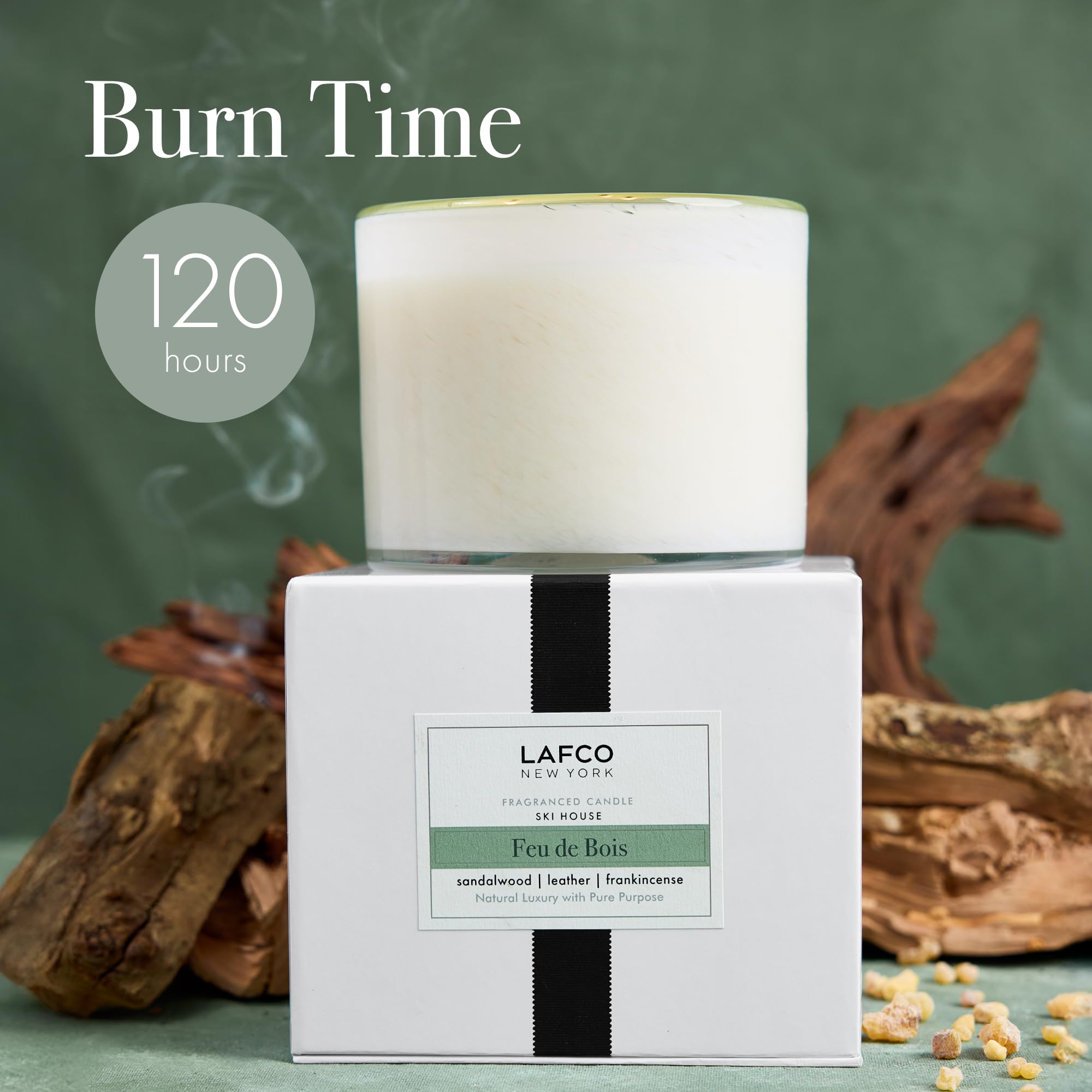 LAFCO New York 3-Wick Feu de Bois Candle – 30 oz, 120-Hour Burn Time, Reusable Hand-Blown Glass Vessel