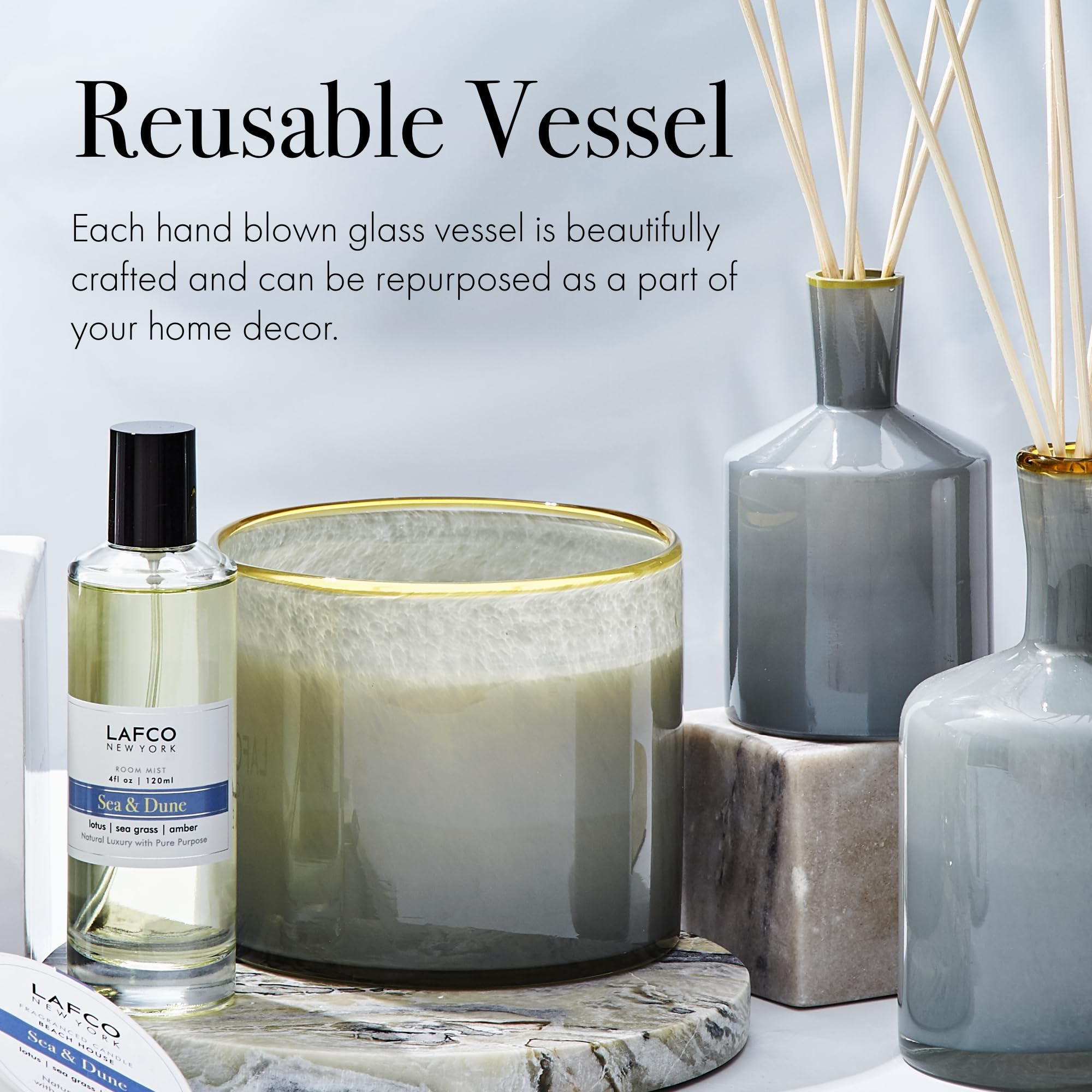 LAFCO New York Sea & Dune 3-Wick Candle - 30 oz, Hand-Blown Glass Vessel, Made in USA, 120-Hour Burn