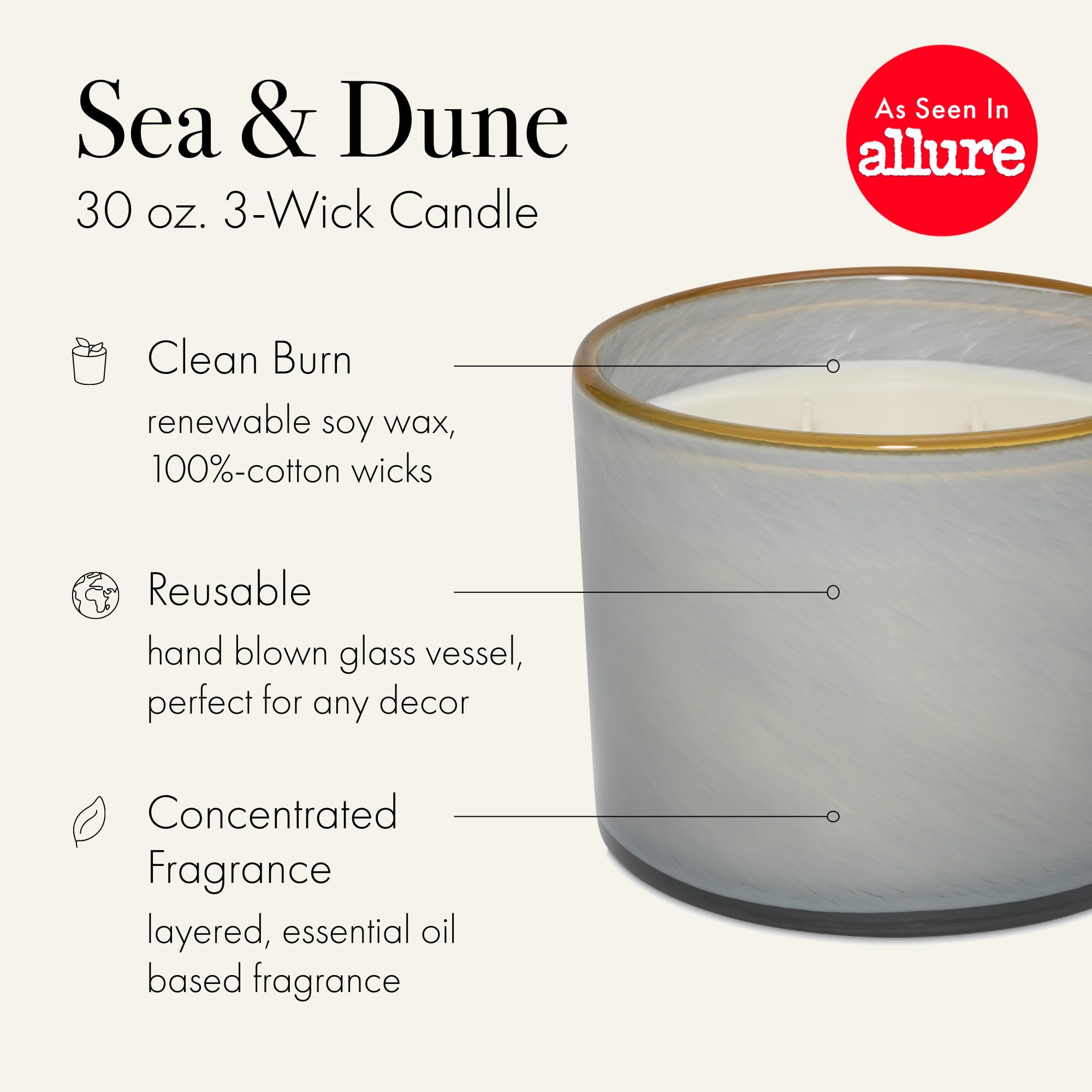 LAFCO New York Sea & Dune 3-Wick Candle - 30 oz, Hand-Blown Glass Vessel, Made in USA, 120-Hour Burn