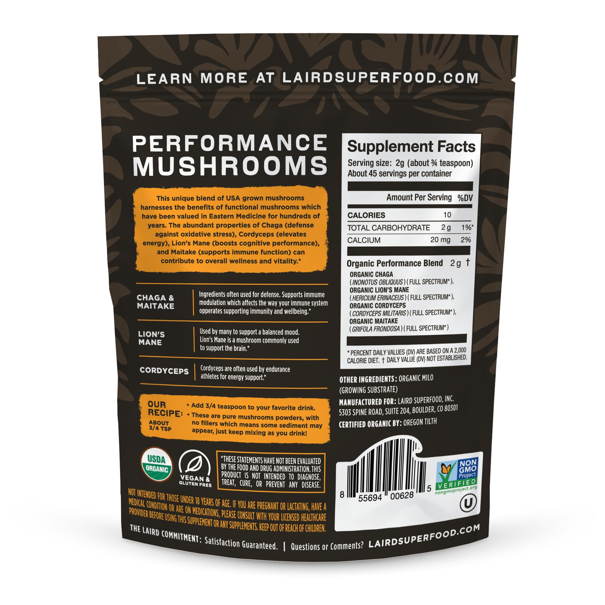 Laird Superfood Organic Performance Mushroom Blend – Chaga, Cordyceps, Lion's Mane & Maitake (3.17 oz)