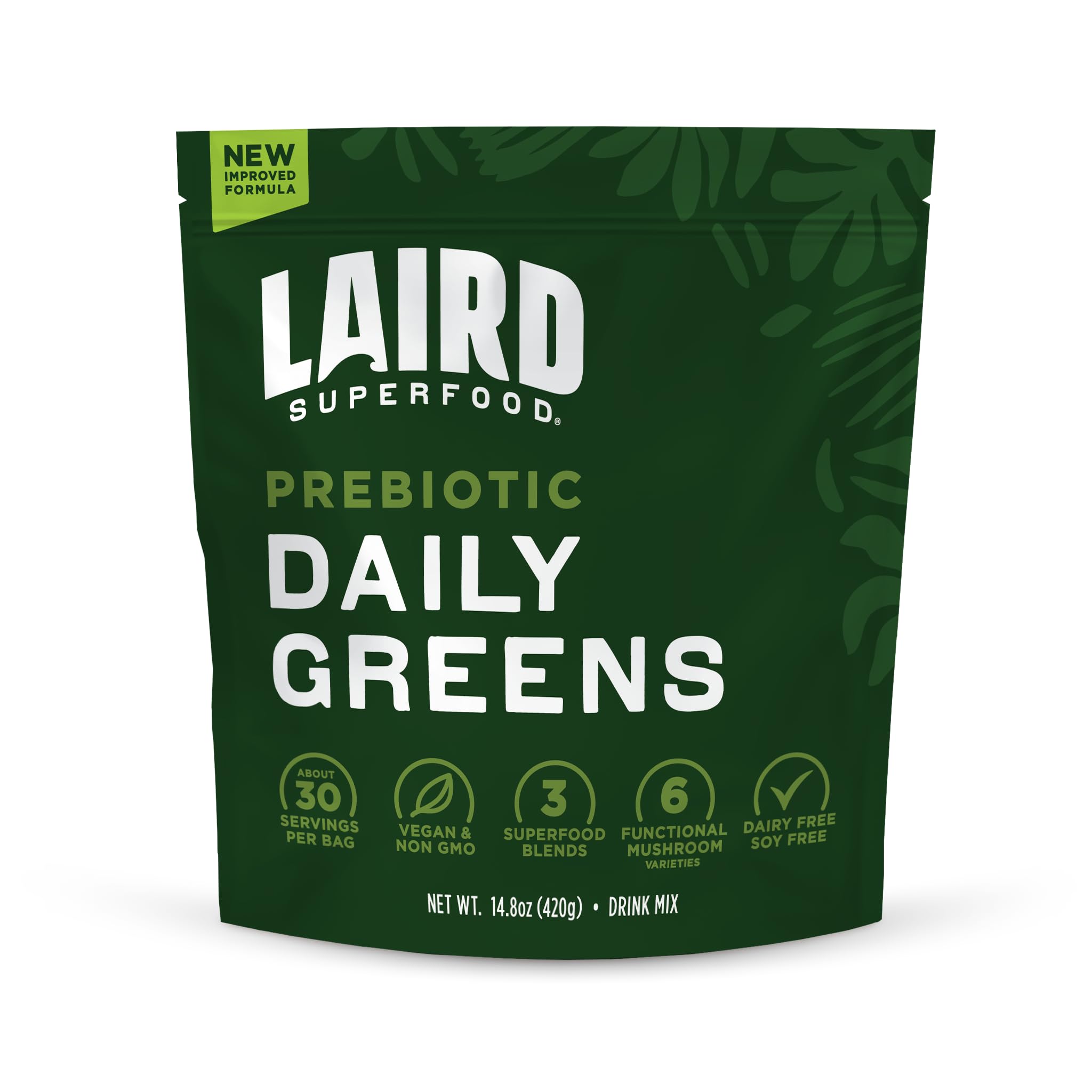 Laird Superfood Prebiotic Daily Greens Powder – Essential Vitamins & Minerals, Prebiotic Fiber, Adaptogen & Fruits & Vegetables – Non-GMO, Vegan, 14.8 oz