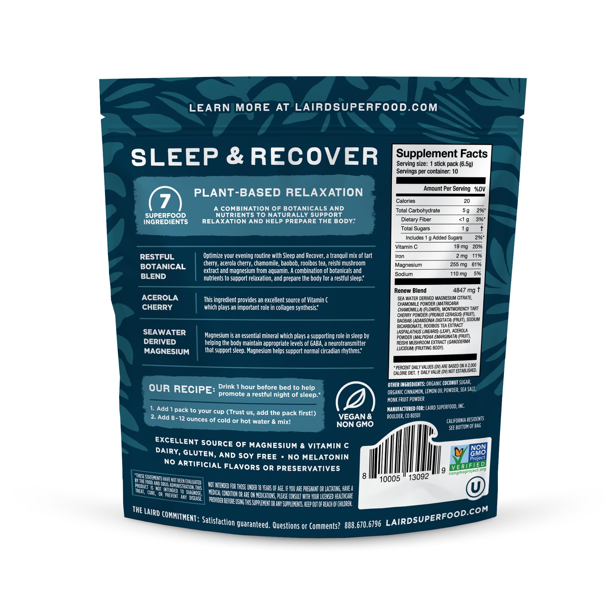 Laird Sleep & Recover Bedtime Drink Mix – Tart Cherry & Chamomile, 0.3 oz Pack of 10