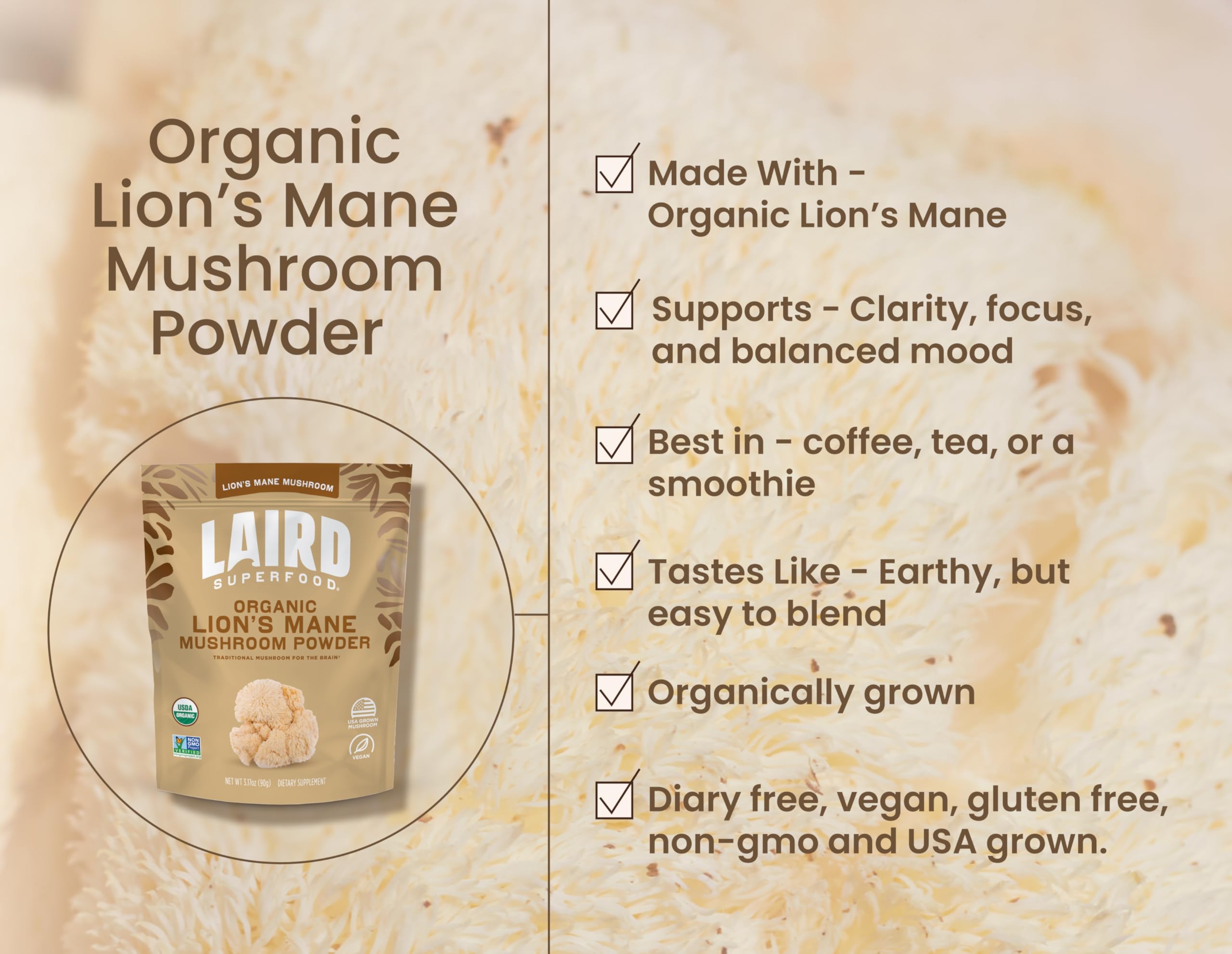 Laird Superfood Organic Lion's Mane Mushroom Powder – Cognitive Function & Immune Support, 3.17 oz Bag