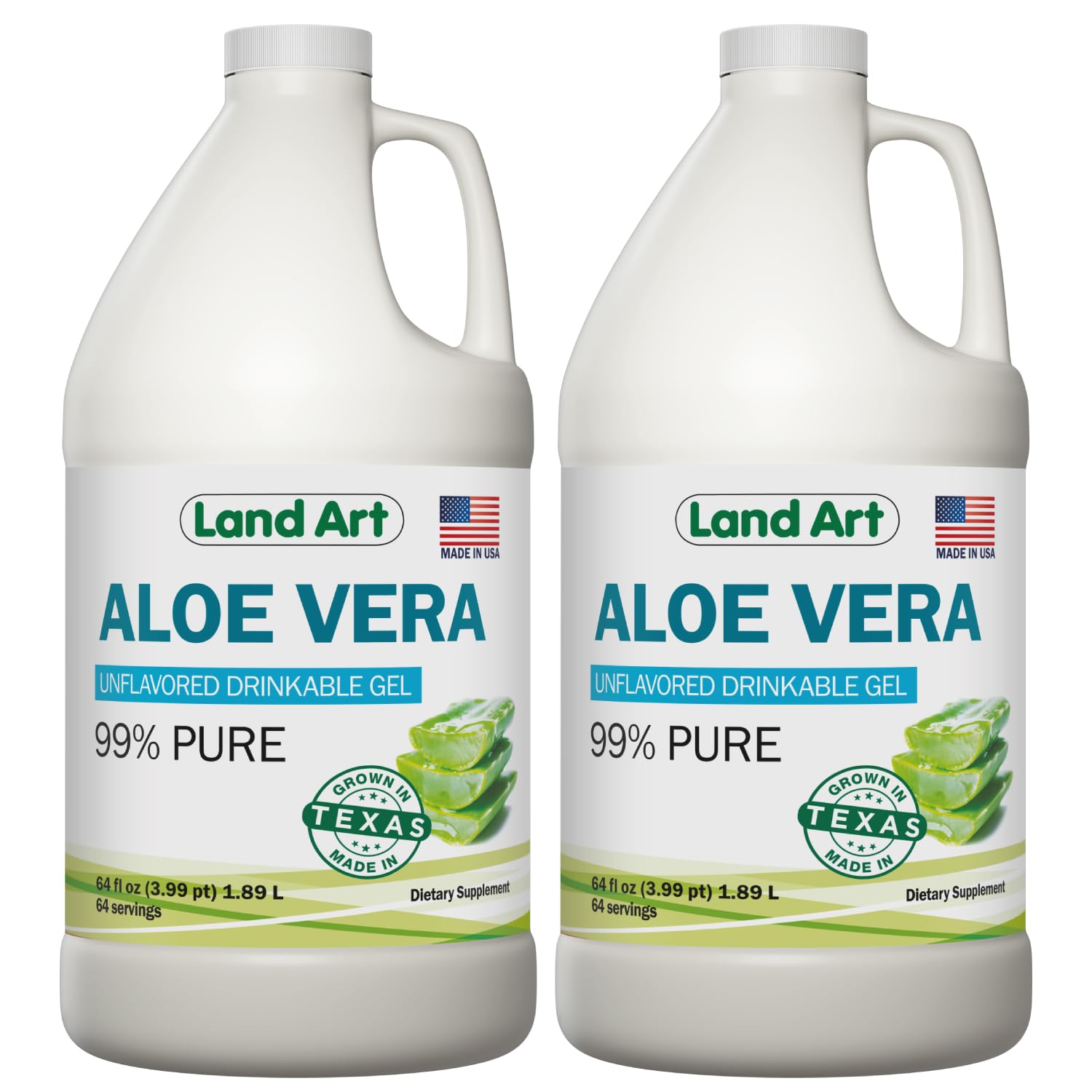 Land Art Organic Aloe Vera Drinkable Gel – 99.7% Pure, Cold-Processed, Digestive Support (64 oz x 2)