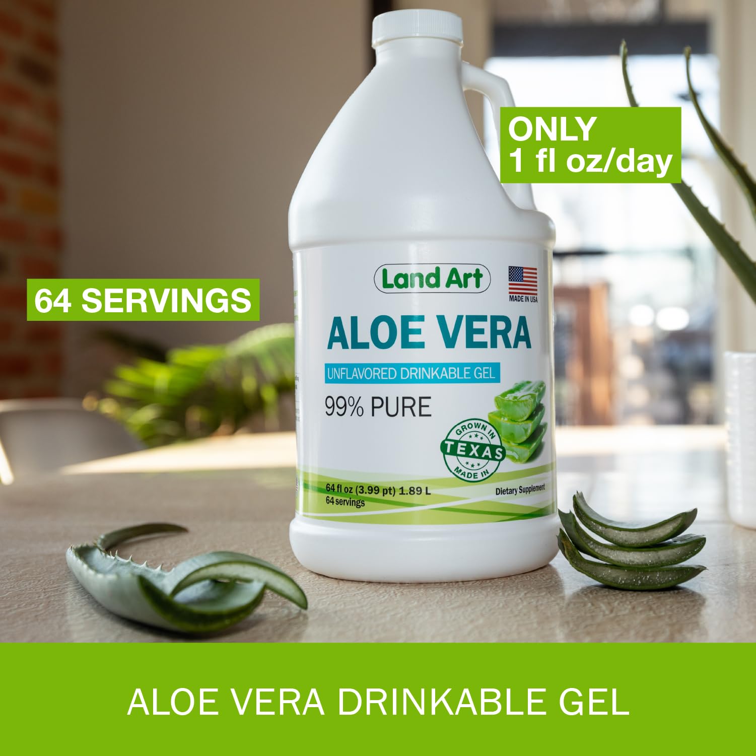 Land Art Organic Aloe Vera Drinkable Gel – 99.7% Pure, Cold-Processed, Digestive Support (64 oz x 2)