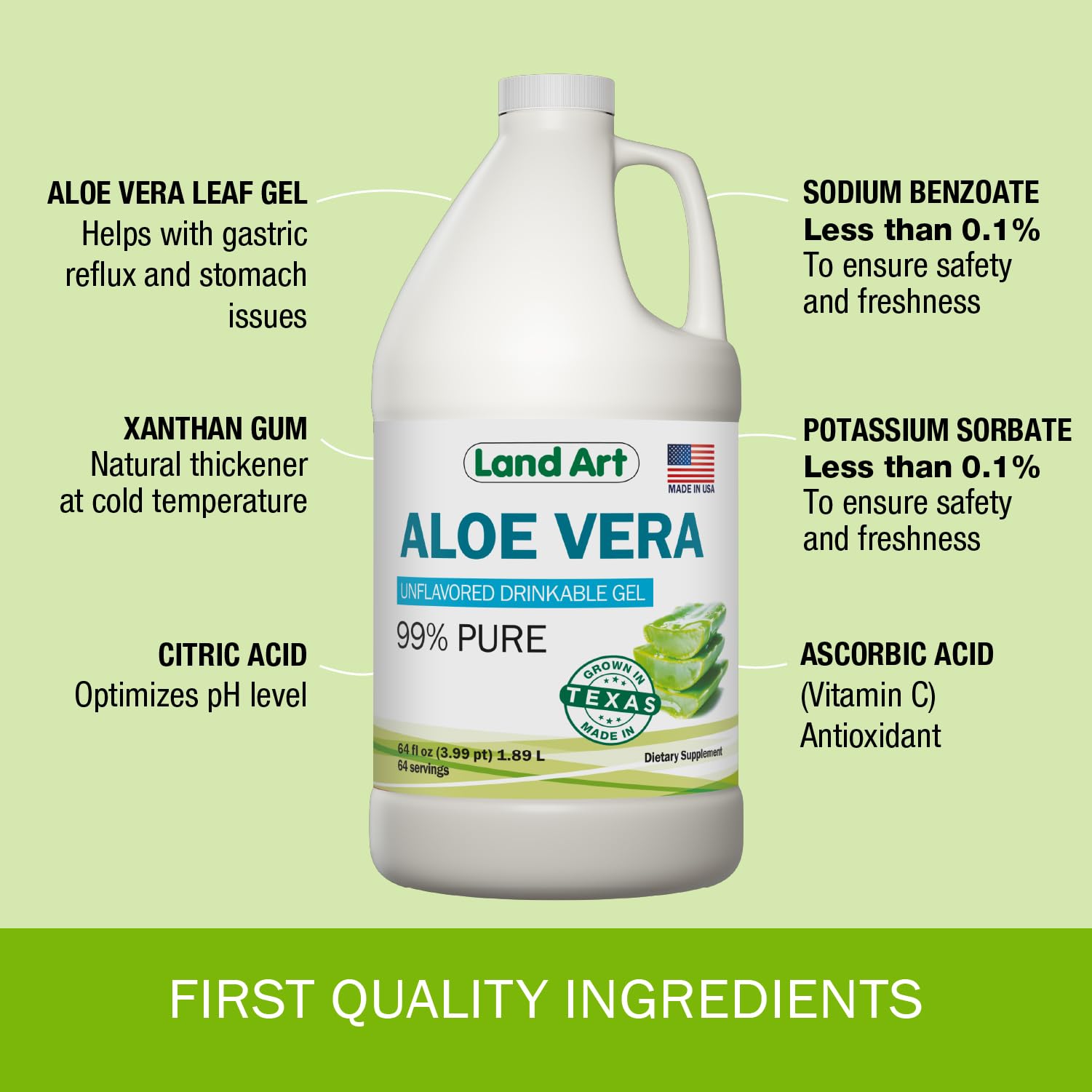 Land Art Organic Aloe Vera Drinkable Gel – 99.7% Pure, Cold-Processed, Digestive Support (64 oz x 2)