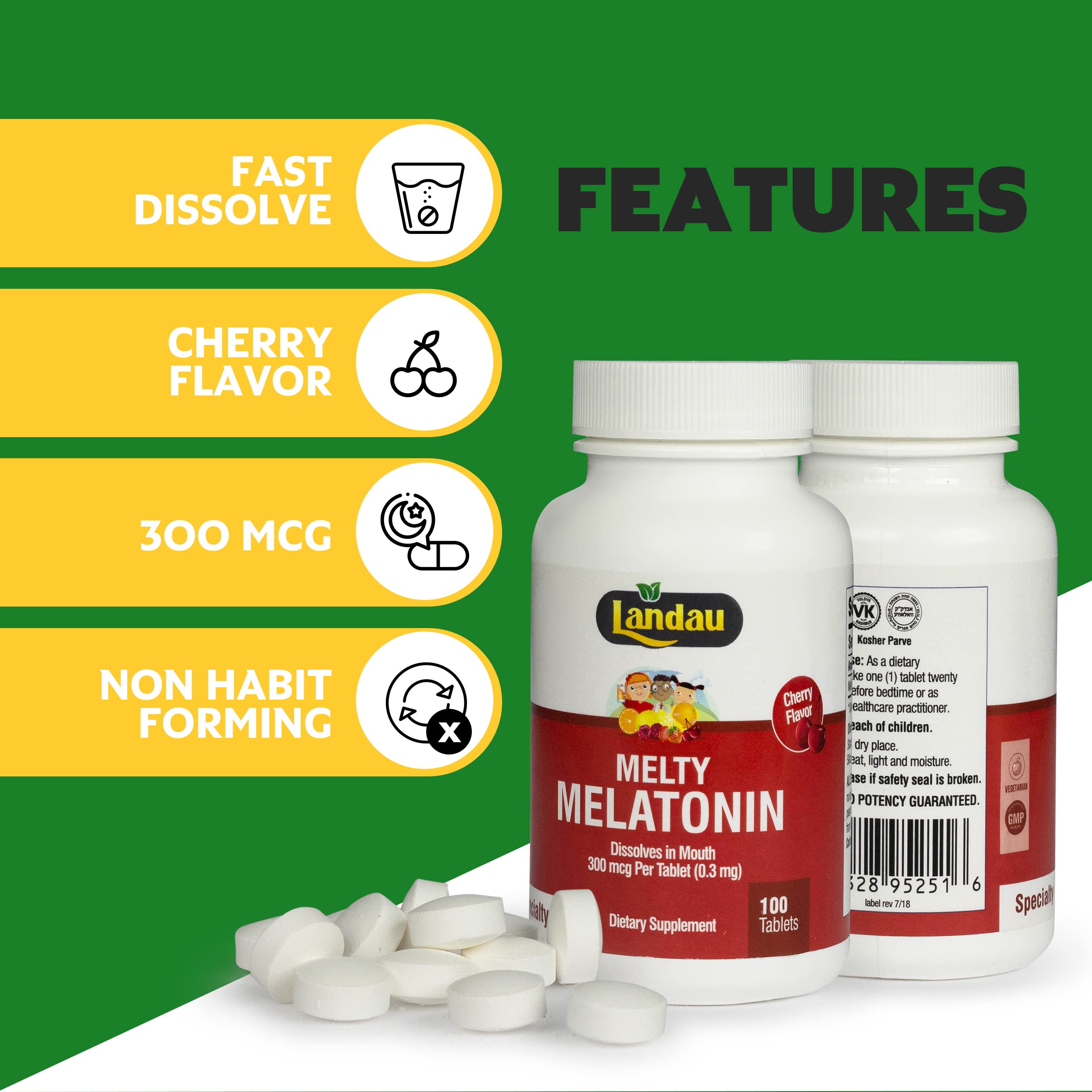 Landau Melty Melatonin 0.3mg (300mcg) Cherry – 250 Tablets | Made in USA, Kosher