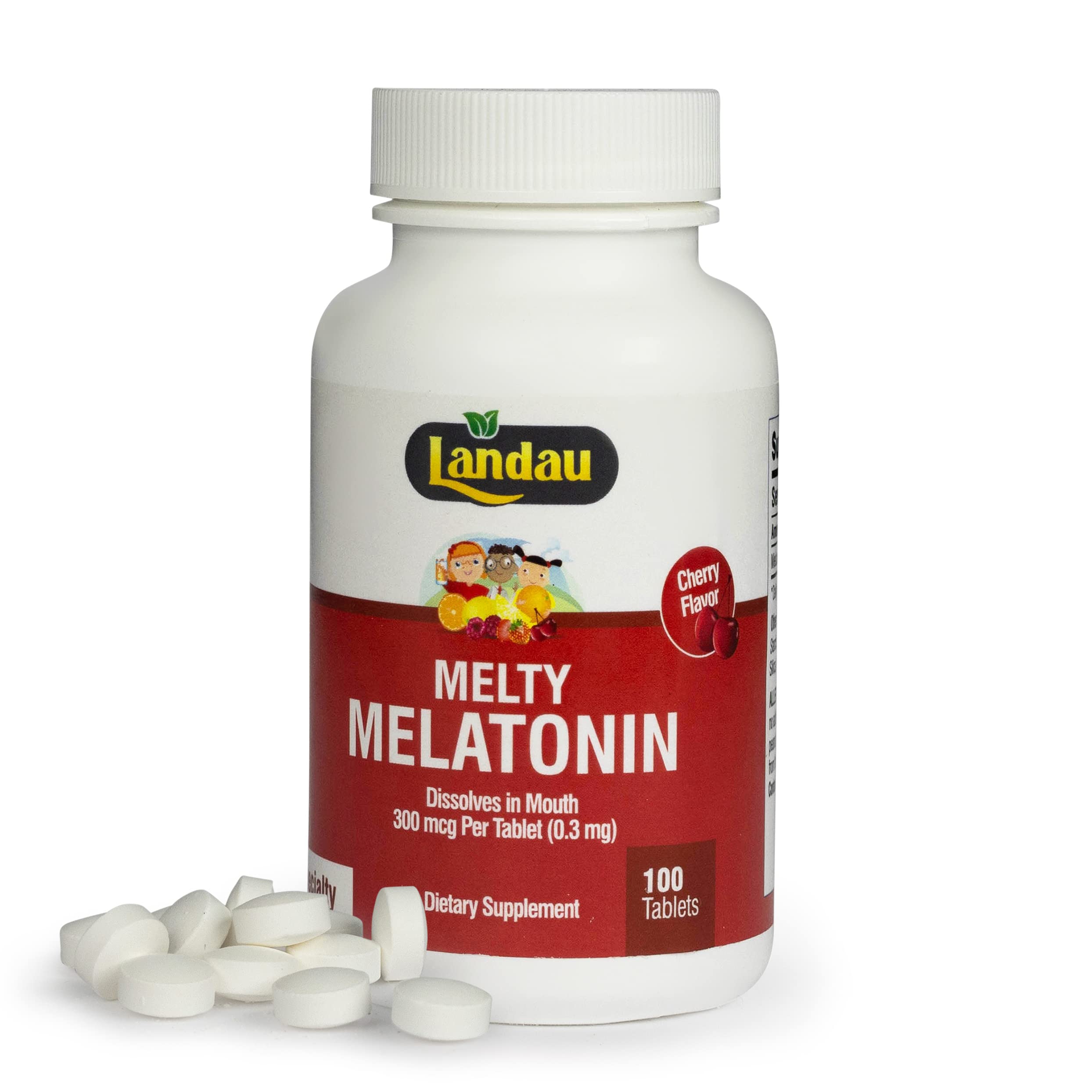 Landau Melty Melatonin 0.3mg (300 mcg) – Cherry, Fast-Dissolving Sleep Aid | 100 Tablets, Kosher, Made in USA