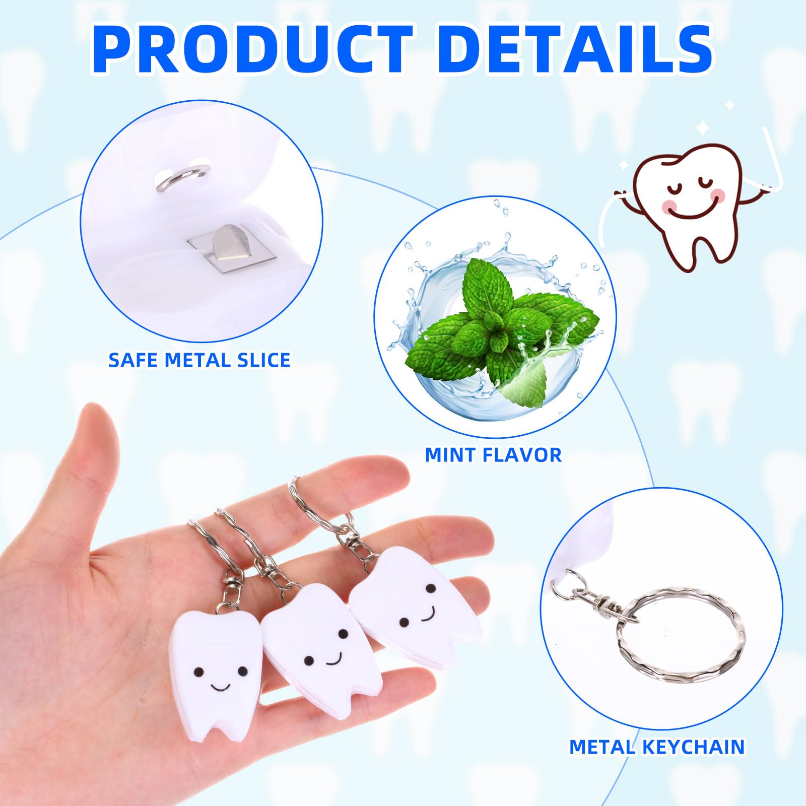Landical 48 Pcs Mini Dental Floss Keychain – Tooth-Shaped Mint Floss 15 m (16.4 yd)