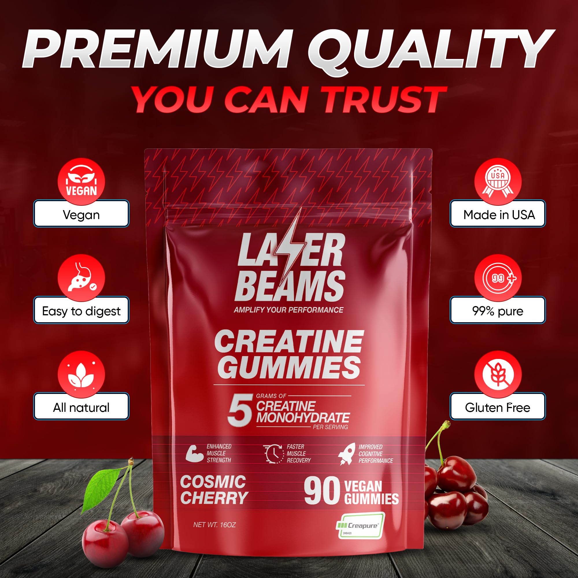 Laser Beams Creatine Monohydrate Gummies for Women & Men - 5g Creapure Creatine per Serving - Vegan, Cosmic Cherry Flavor - Boost Muscle Strength, Endurance, Recovery & Mental Focus (90 Gummies)