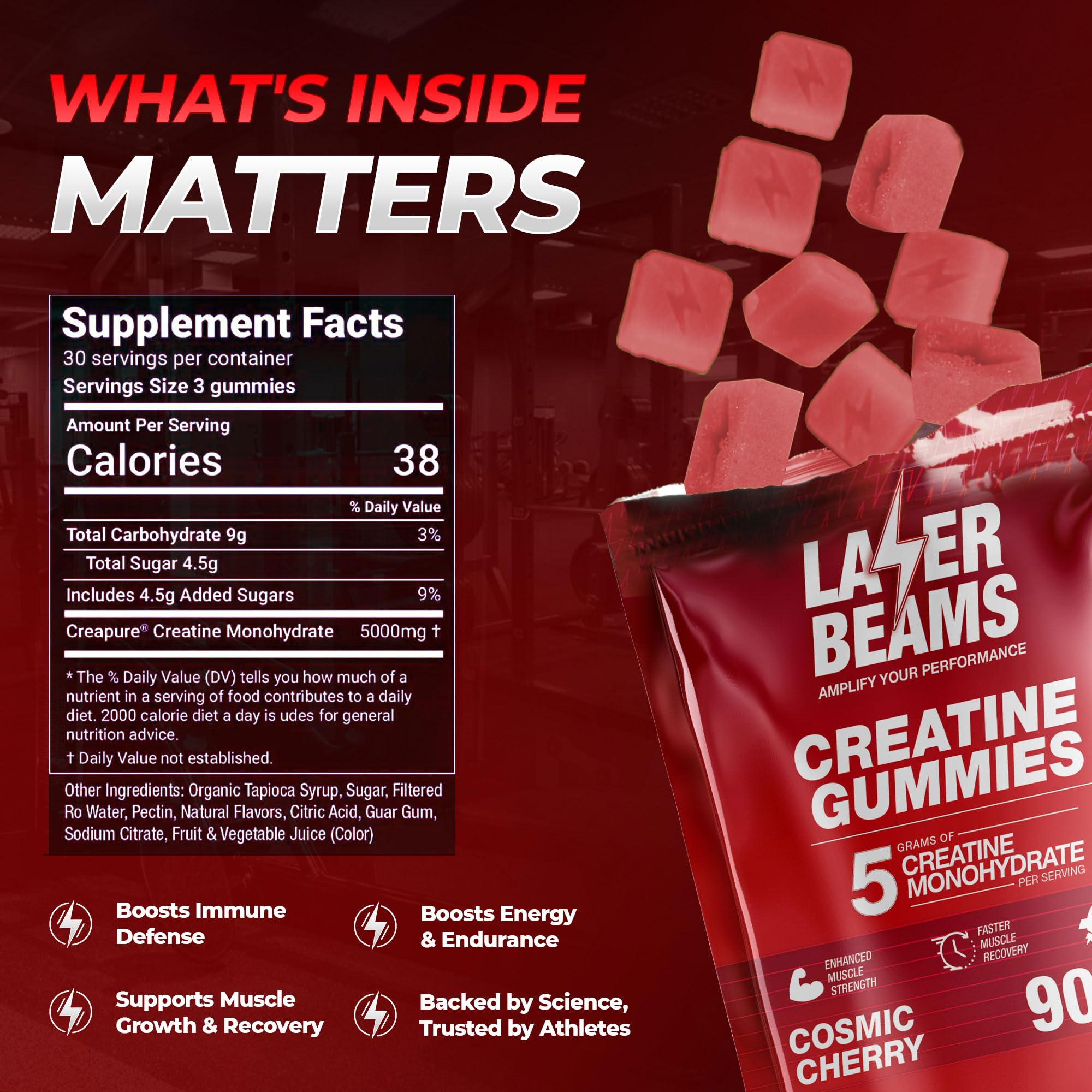 Laser Beams Creatine Monohydrate Gummies – 5g Creapure per Serving, Vegan & Gluten-Free (Strawberry)