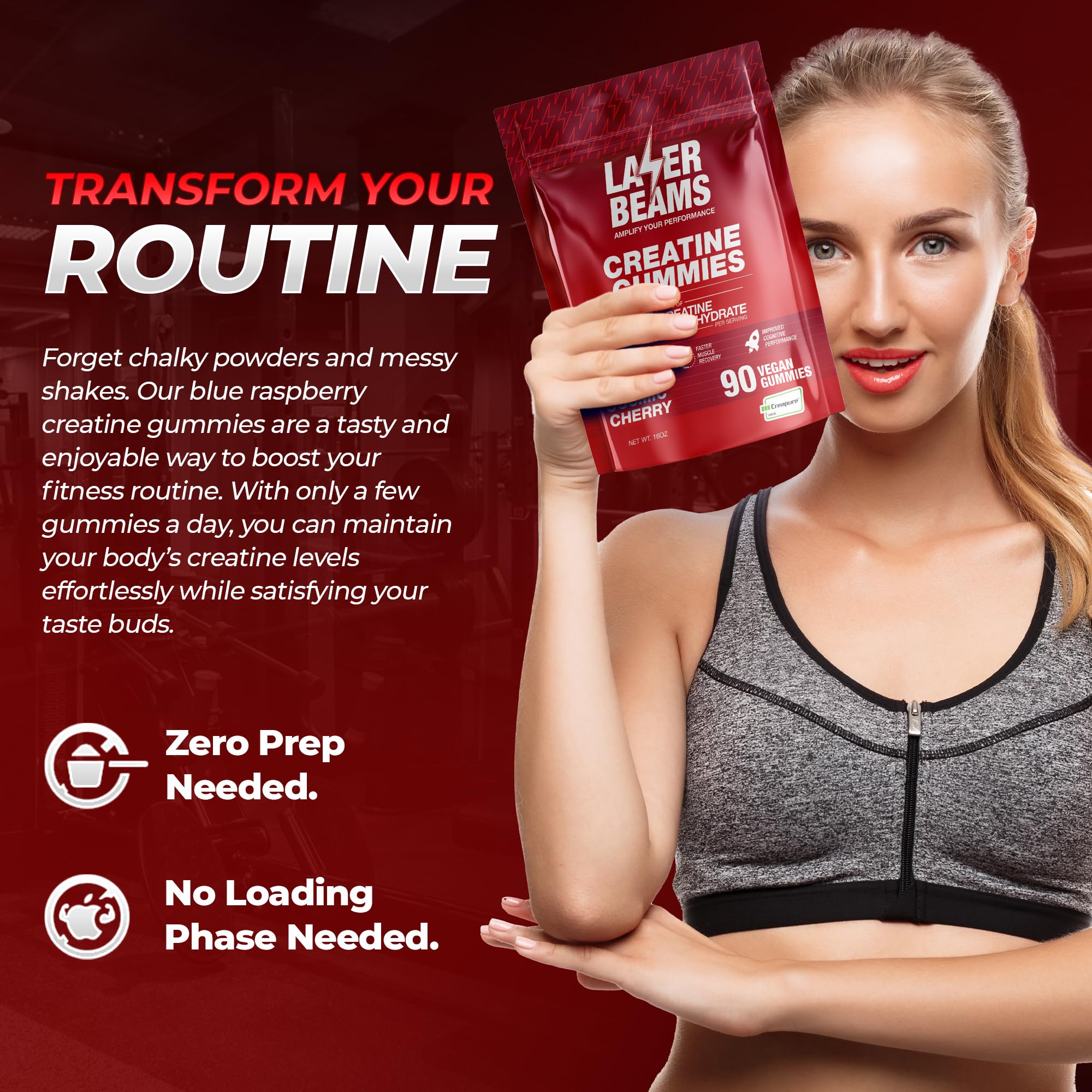 Laser Beams Creatine Monohydrate Gummies for Women & Men - 5g Creapure Creatine per Serving - Vegan, Cosmic Cherry Flavor - Boost Muscle Strength, Endurance, Recovery & Mental Focus (90 Gummies)