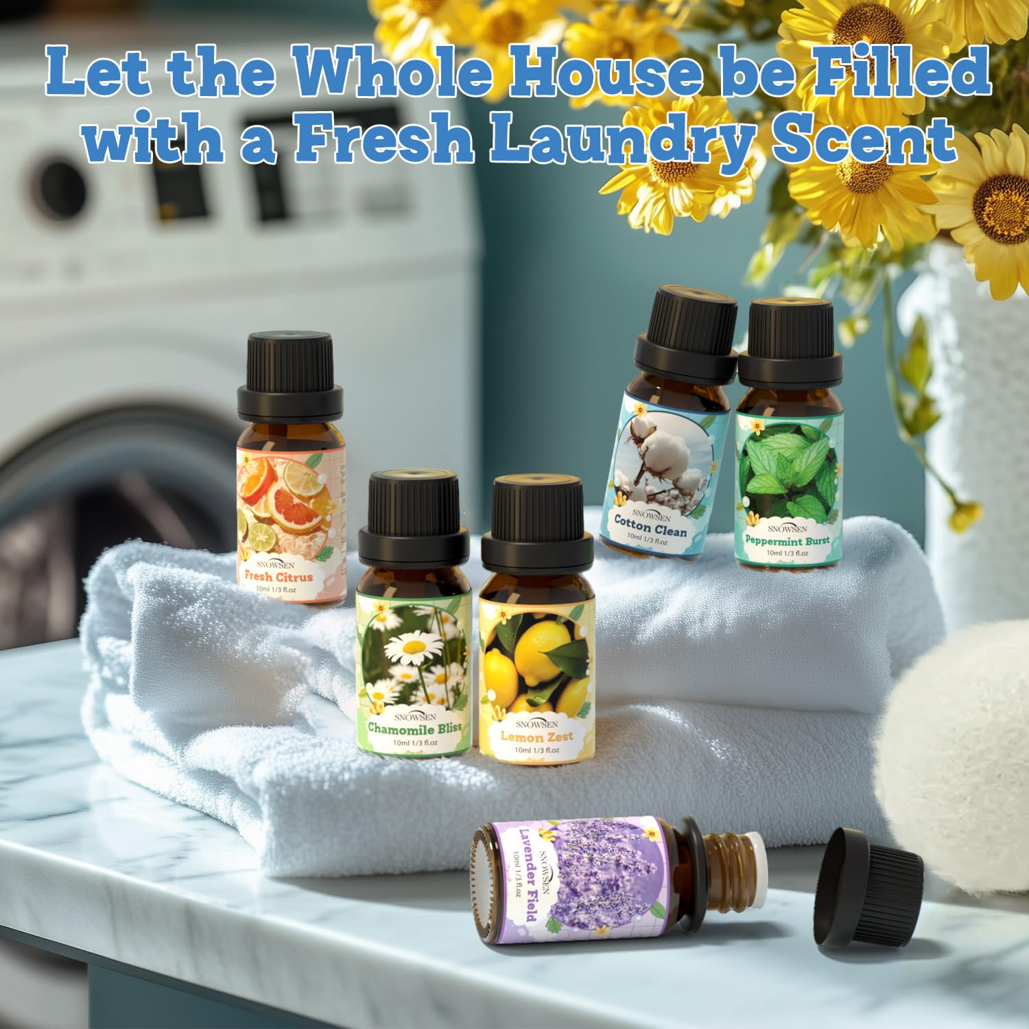 SNOWSEN Laundry Fragrance Oils Set – Diffuser Essential Oils (Cotton Clean, Lavender Field, Chamomile Bliss, Fresh Citrus, Peppermint Burst, Lemon Zest)