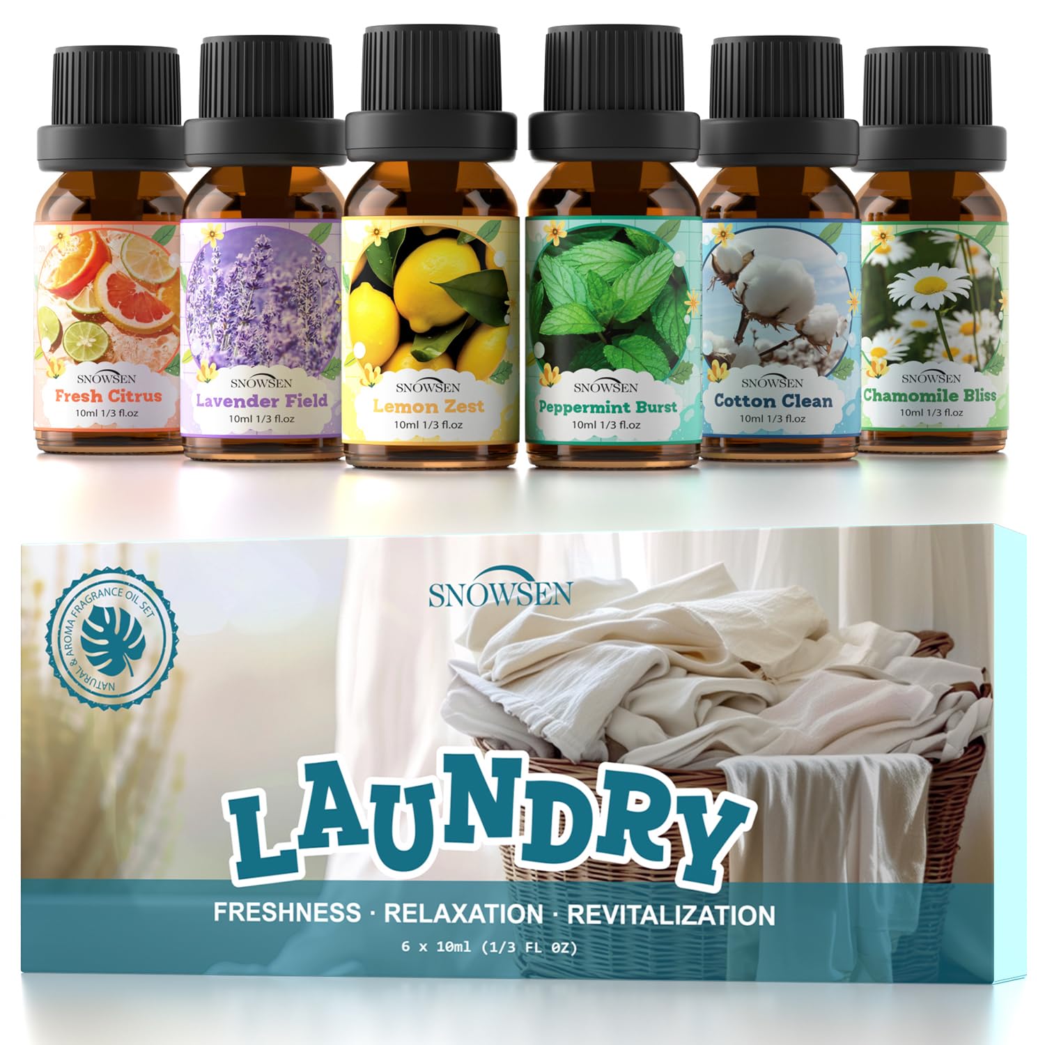 SNOWSEN Laundry Fragrance Oils Set – Diffuser Essential Oils (Cotton Clean, Lavender Field, Chamomile Bliss, Fresh Citrus, Peppermint Burst, Lemon Zest)
