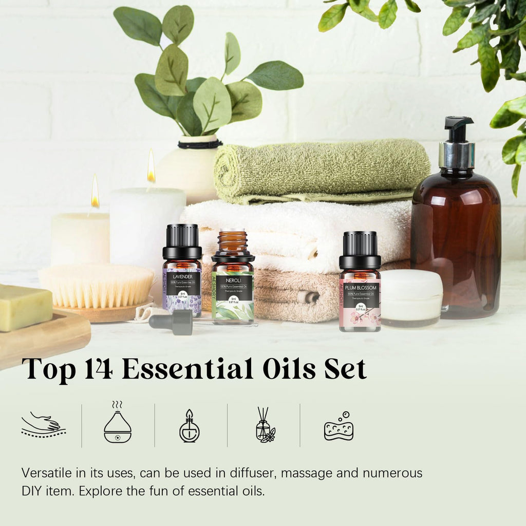 Floral Essential Oils Set - 14 Pcs for Diffusers, Aromatherapy & Candle Making | Lavender, Rose, Jasmine