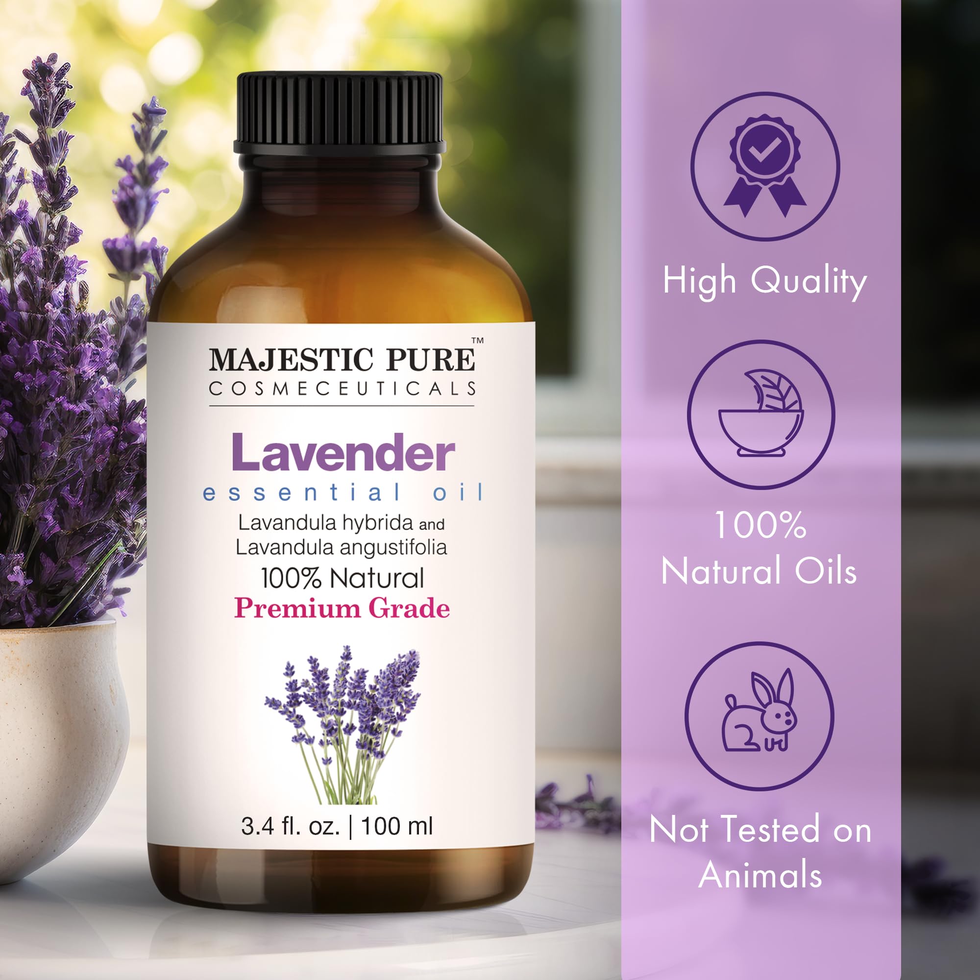 Majestic Pure Lavender Essential Oil - 3.4 Fl Oz, 100% Pure & Natural, Glass Dropper