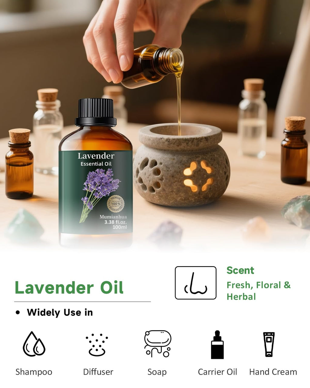 Pure Lavender Essential Oil - Mumianhua Natural Lavender Oil for Diffusers, Skin, Hair, Soap & Candles (3.38 Fl Oz)