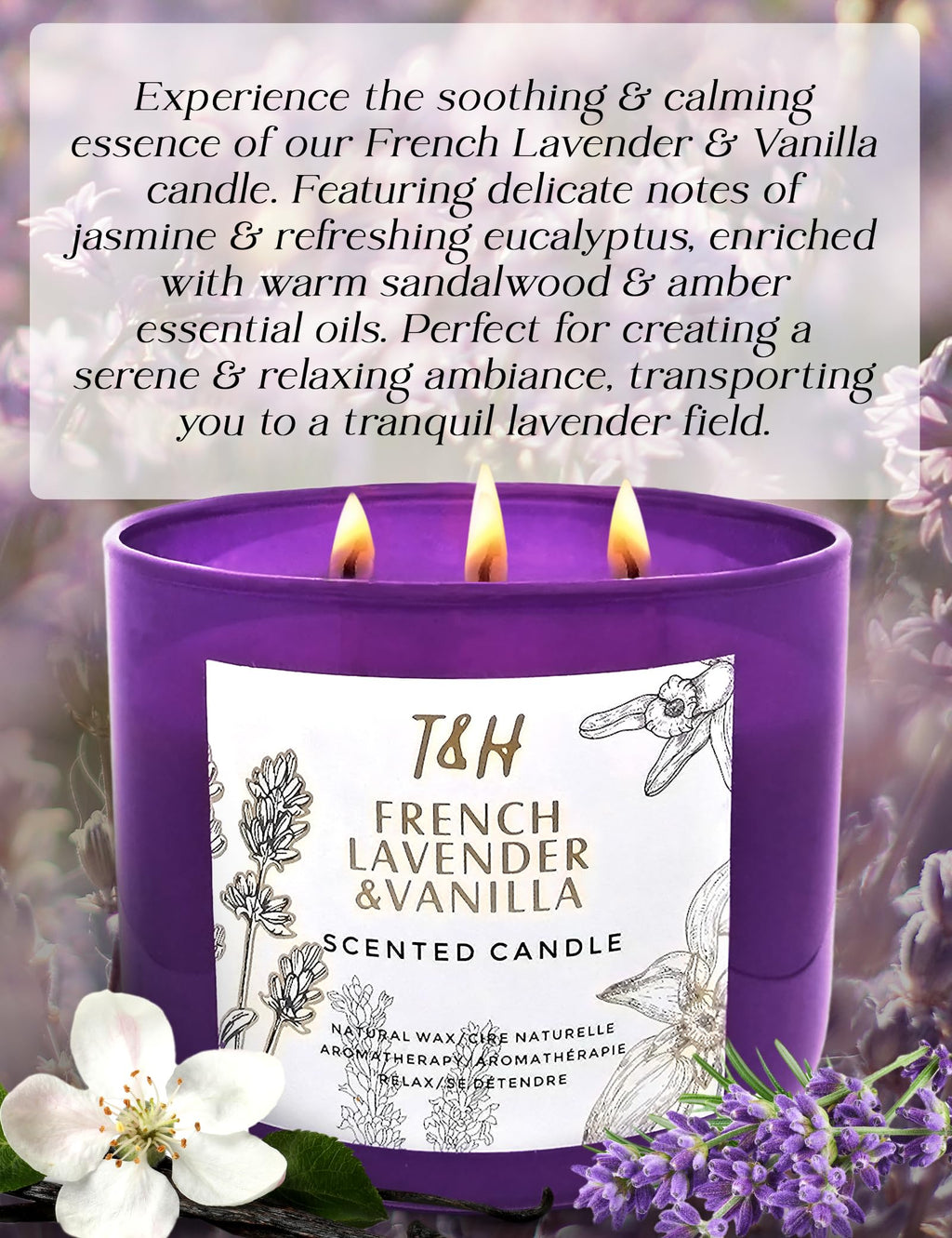 Lavender Vanilla Aromatherapy Candle – 3 Wick Soy, 15.8 oz | Relaxing Home Fragrance