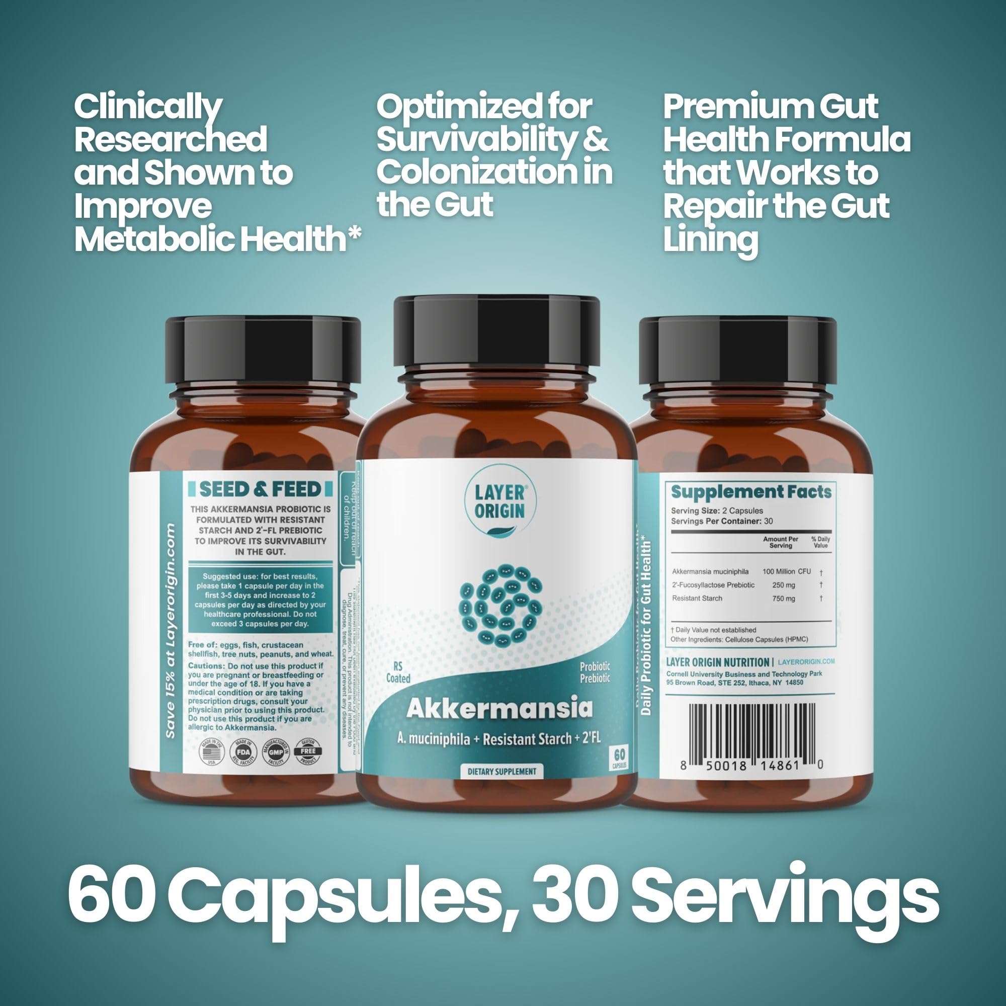 Layer Origin Akkermansia muciniphila Probiotic – PureHMO Prebiotic, Live Strain, 30-Day