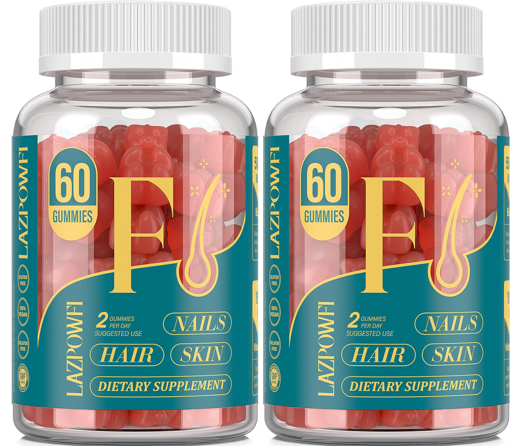 Lazpowfi Biotin Gummies – Vegan Vitamin B7 for Hair, Skin & Nails | 60-Day Two-Pack, Strawberry