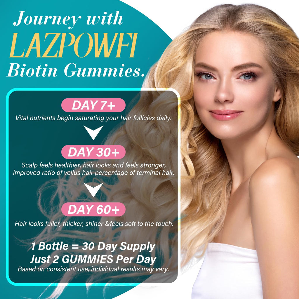 Lazpowfi Biotin Gummies - Vegan Hair, Skin & Nails Vitamins (90-Day Raspberry 3-Pack)