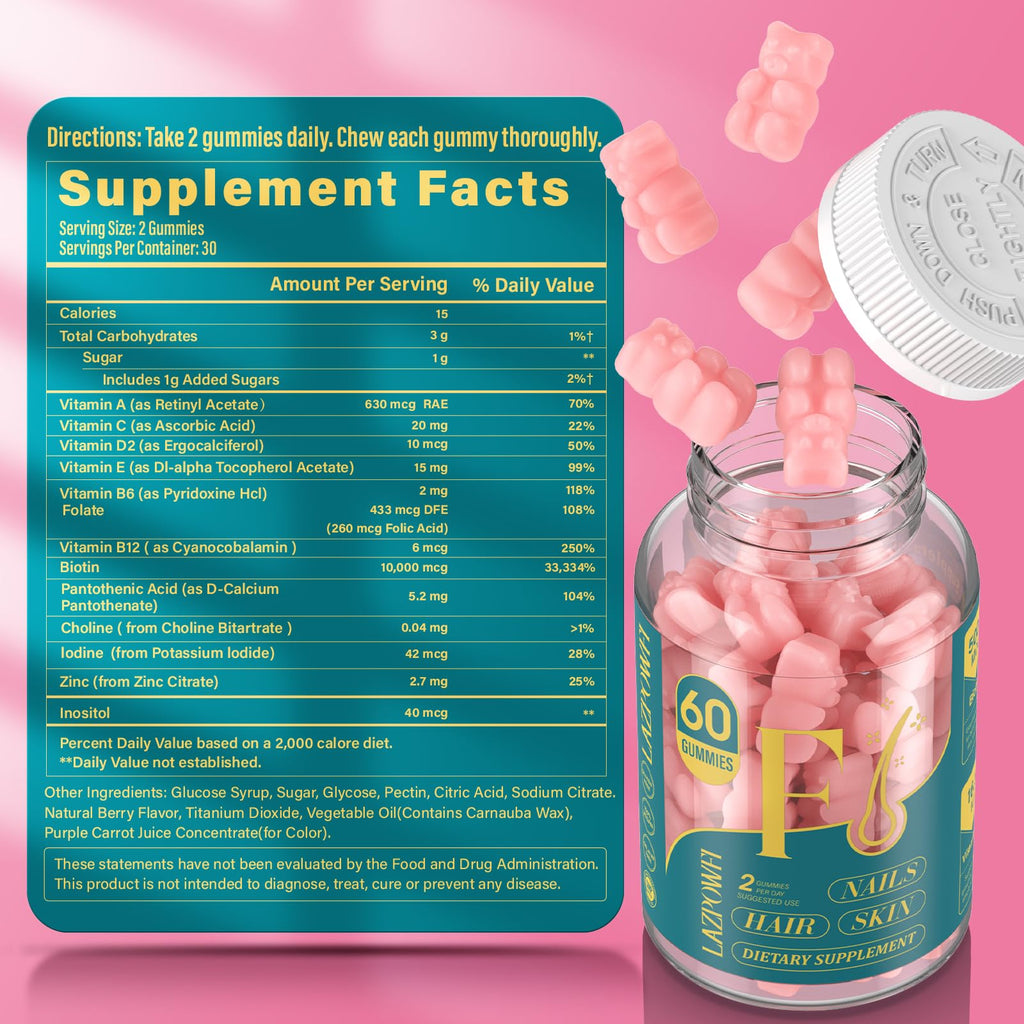 Lazpowfi Biotin Gummies - Vegan Hair, Skin & Nails Vitamins (90-Day Raspberry 3-Pack)