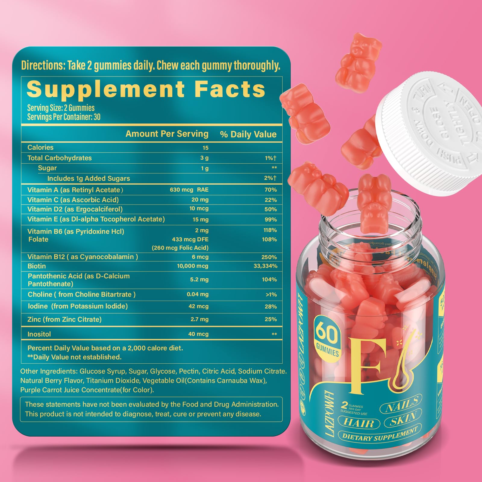 Lazpowfi Biotin Gummies - Hair, Skin & Nails Vitamins | Vegan B7, Strawberry, 60 Count