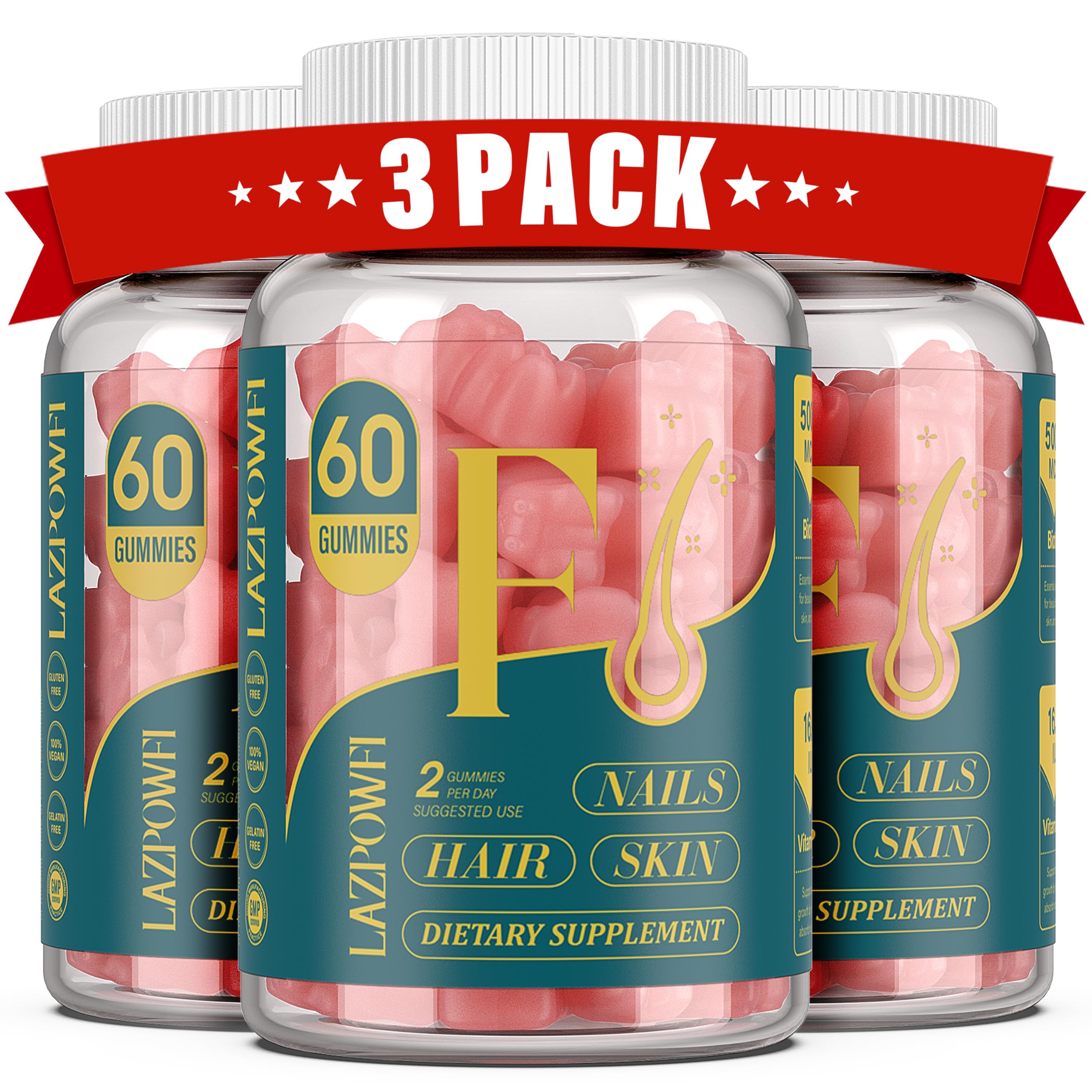 Lazpowfi Biotin Gummies - Vegan Hair, Skin & Nails Vitamins (90-Day Raspberry 3-Pack)