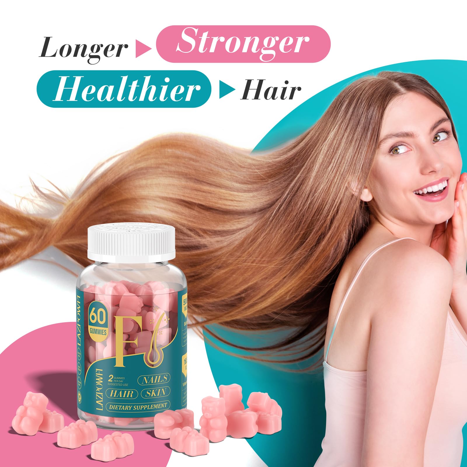 Lazpowfi Biotin Gummies - Vegan Hair, Skin & Nails Vitamins (90-Day Raspberry 3-Pack)