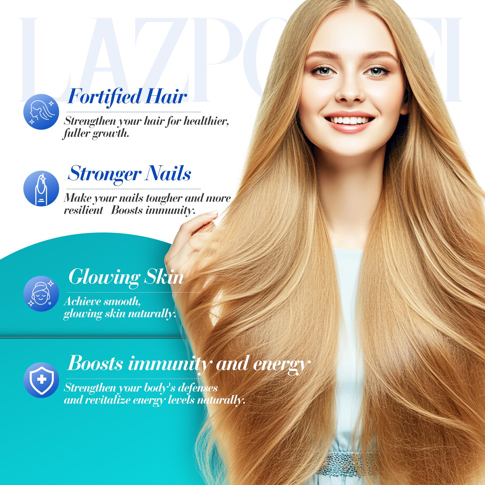 Lazpowfi Hair, Skin & Nails Vitamins – Biotin 10,000mcg + Collagen (90 Capsules)