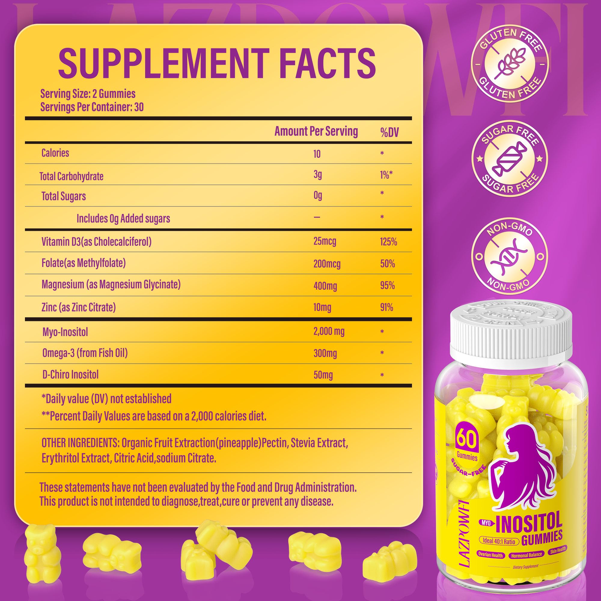 Lazpowfi Inositol Gummies 40:1 – Myo-Inositol & D-Chiro Inositol, 30 Day Supply
