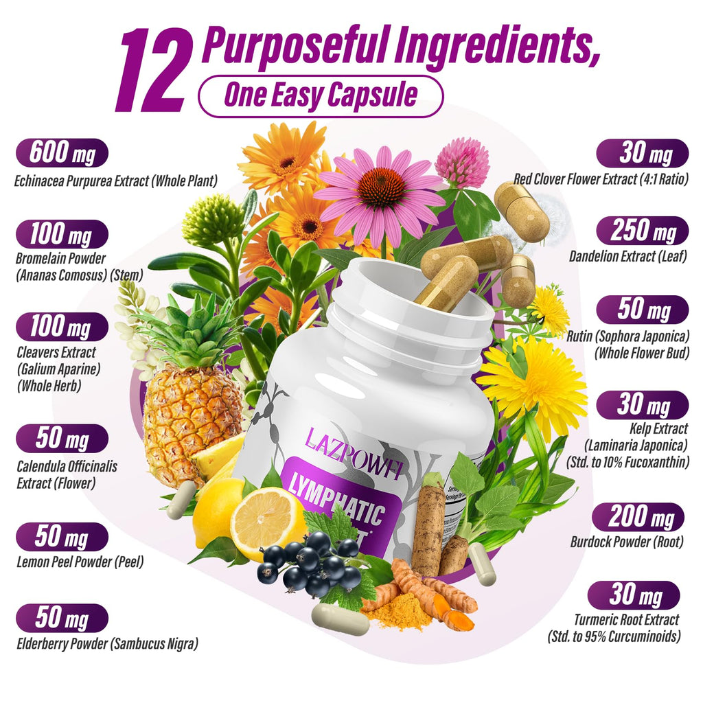 Lazpowfi Lymphatic Drainage Supplements – 1540mg Lymph System Support, 60 Capsules
