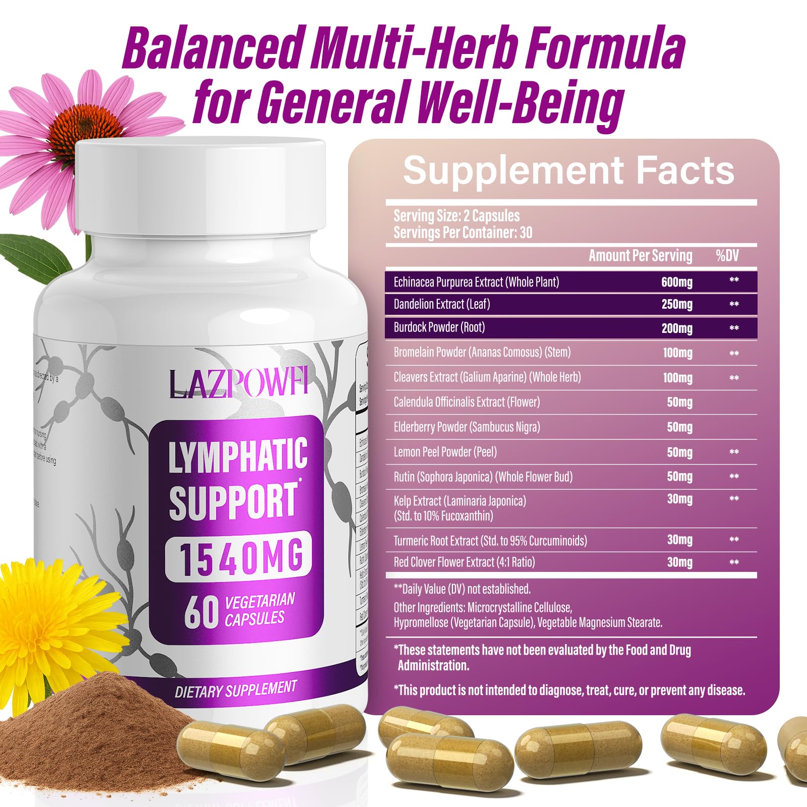 Lazpowfi Lymphatic Drainage Supplements – 1540mg Lymph System Support, 60 Capsules